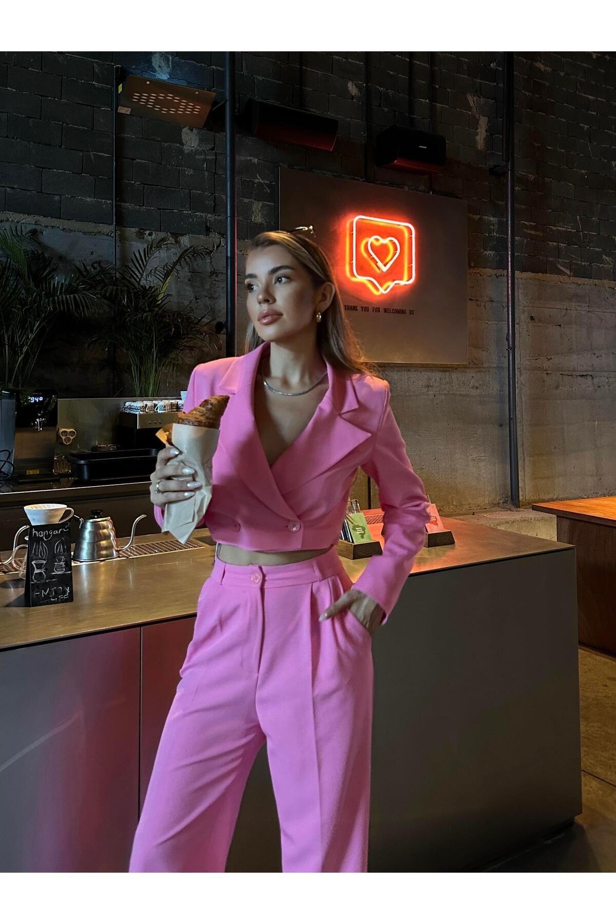 Çift Düğme Crop Blazer Ceket Pembe