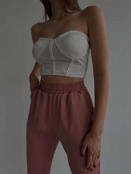 Cup Detay Balenli Straplez Crop Beyaz