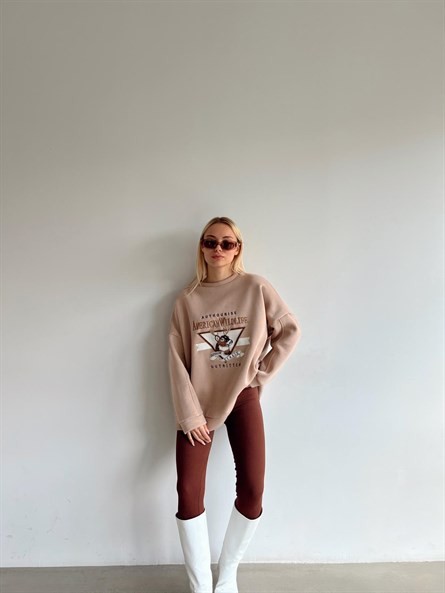 Nakışlı Oversize 3 İplik Sweat Vizon