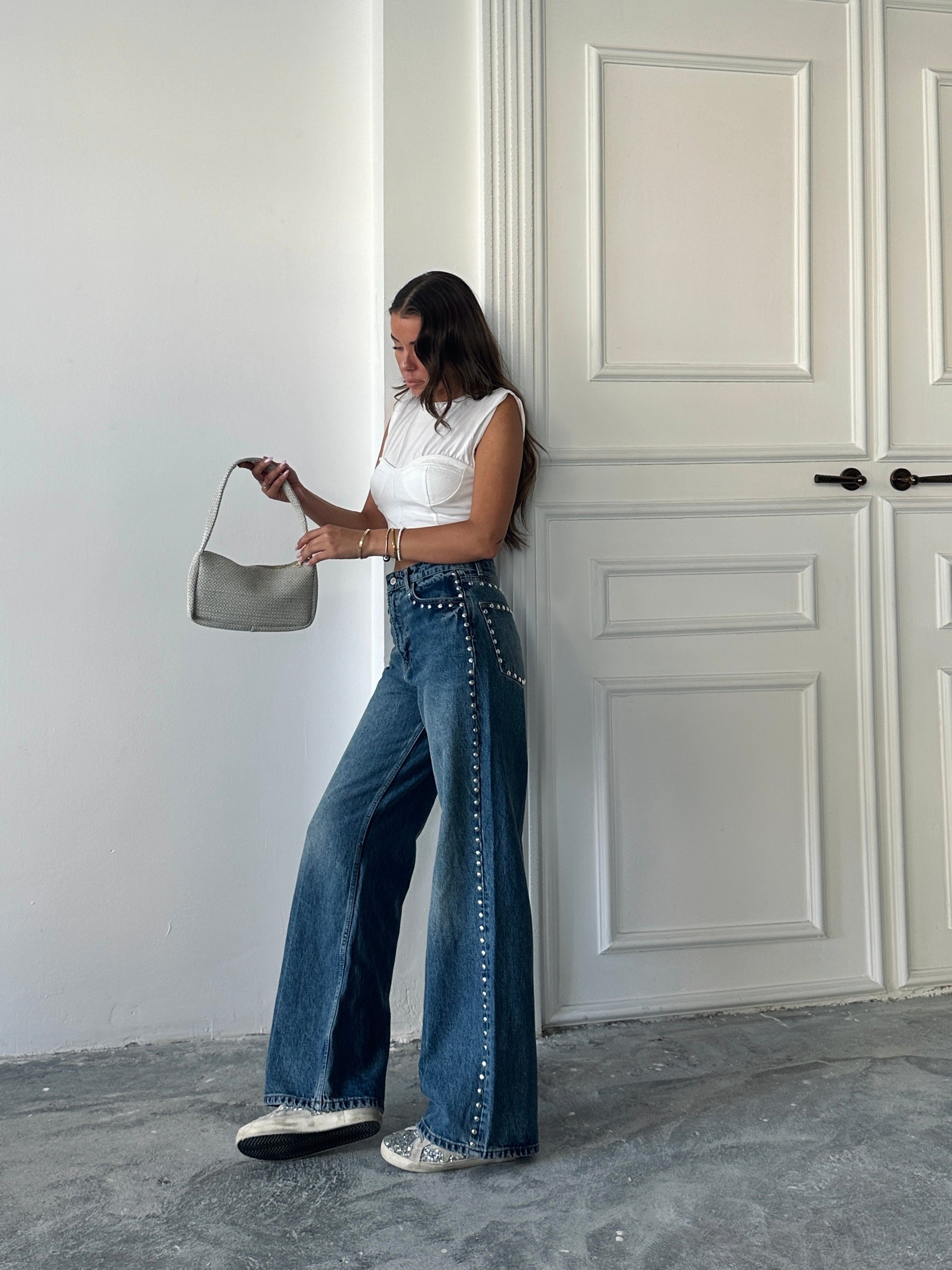 Zımba Detaylı Denim Palazzo  - Mavi
