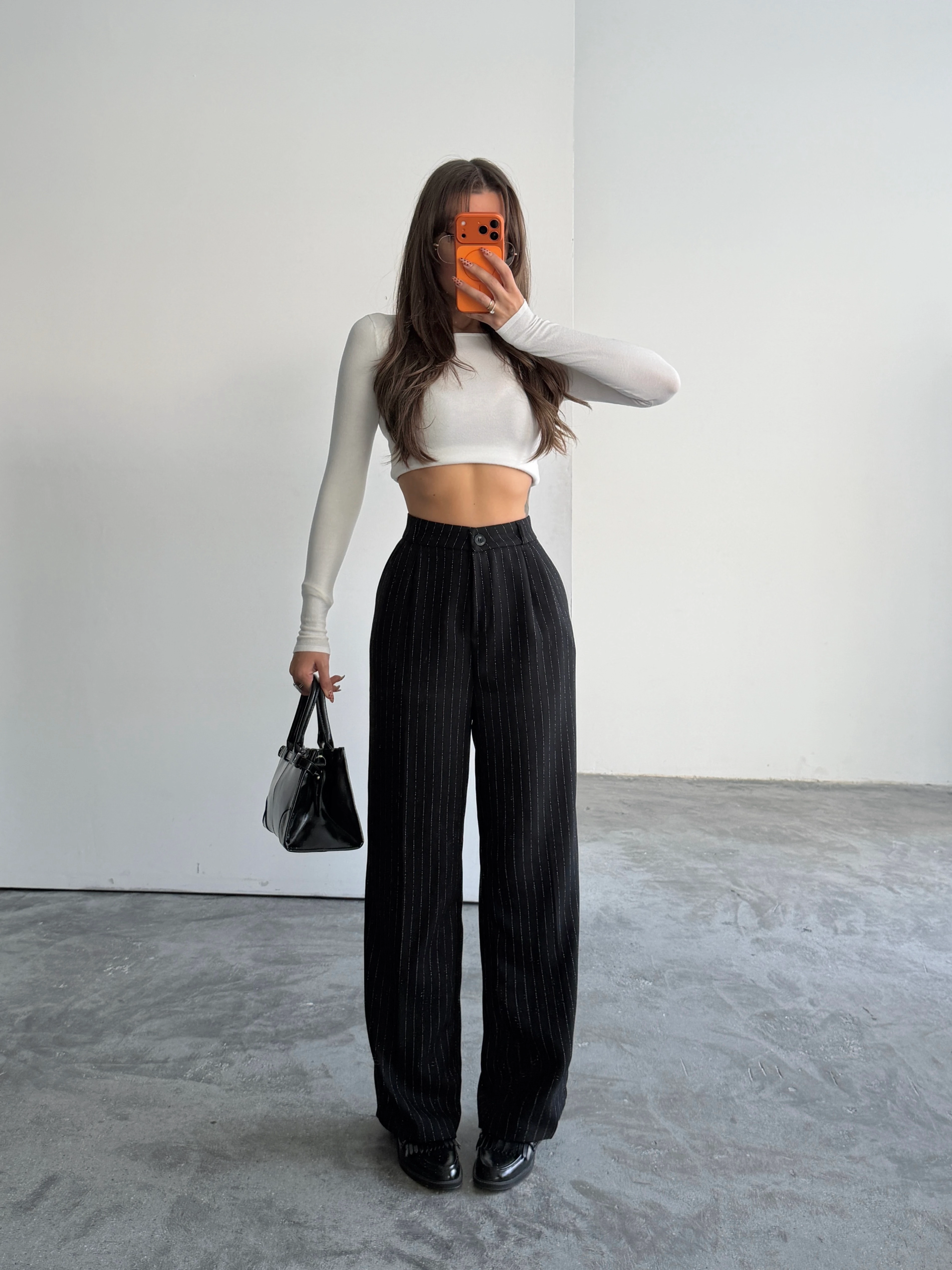 Yünefekt Çizgili Palazzo - Siyah