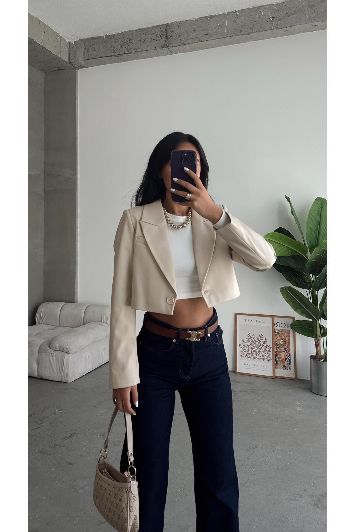 Crop Deri Blazer Ceket Bej