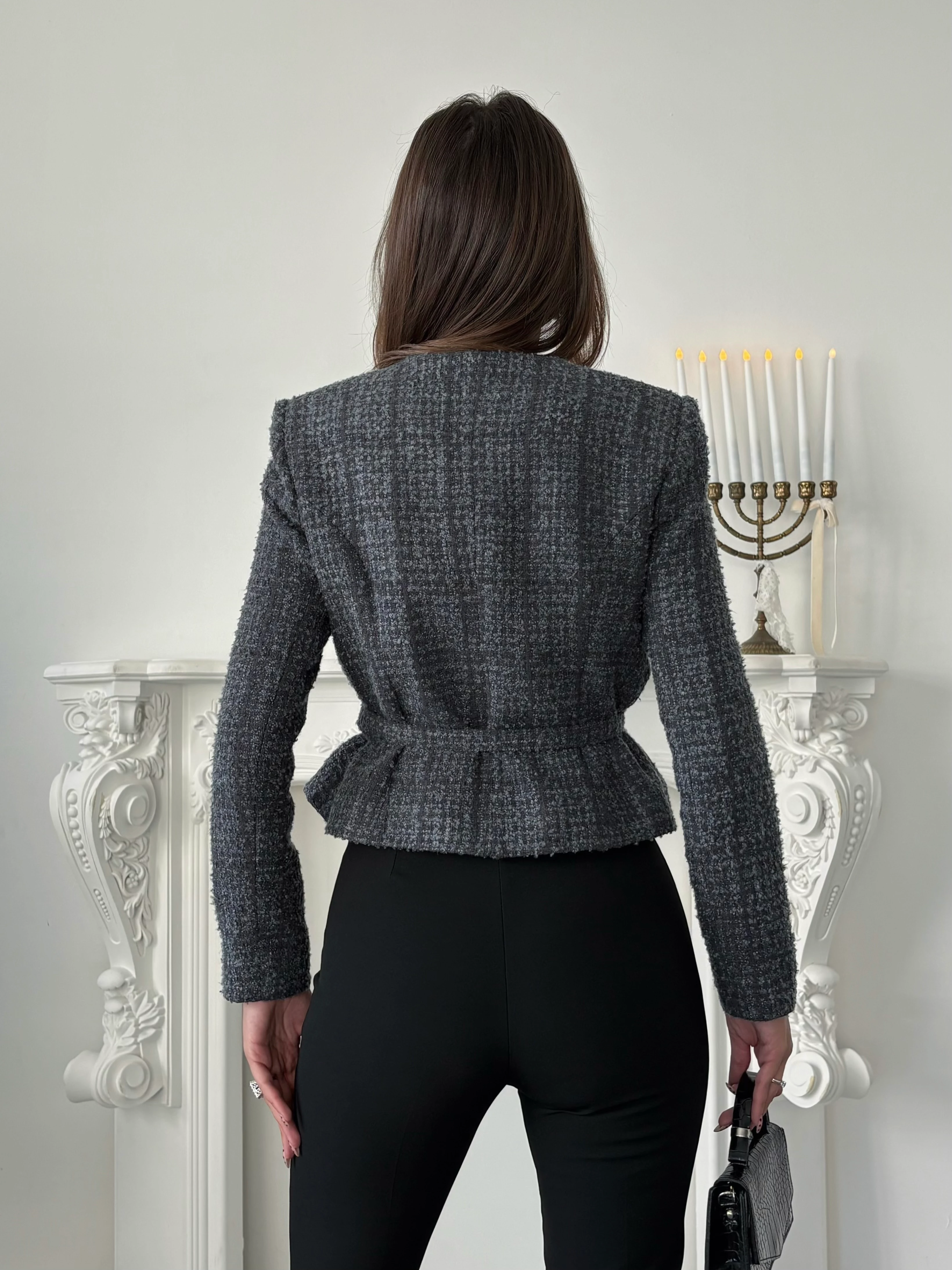 Kemer Detaylı Düğmeli Ceket - Füme