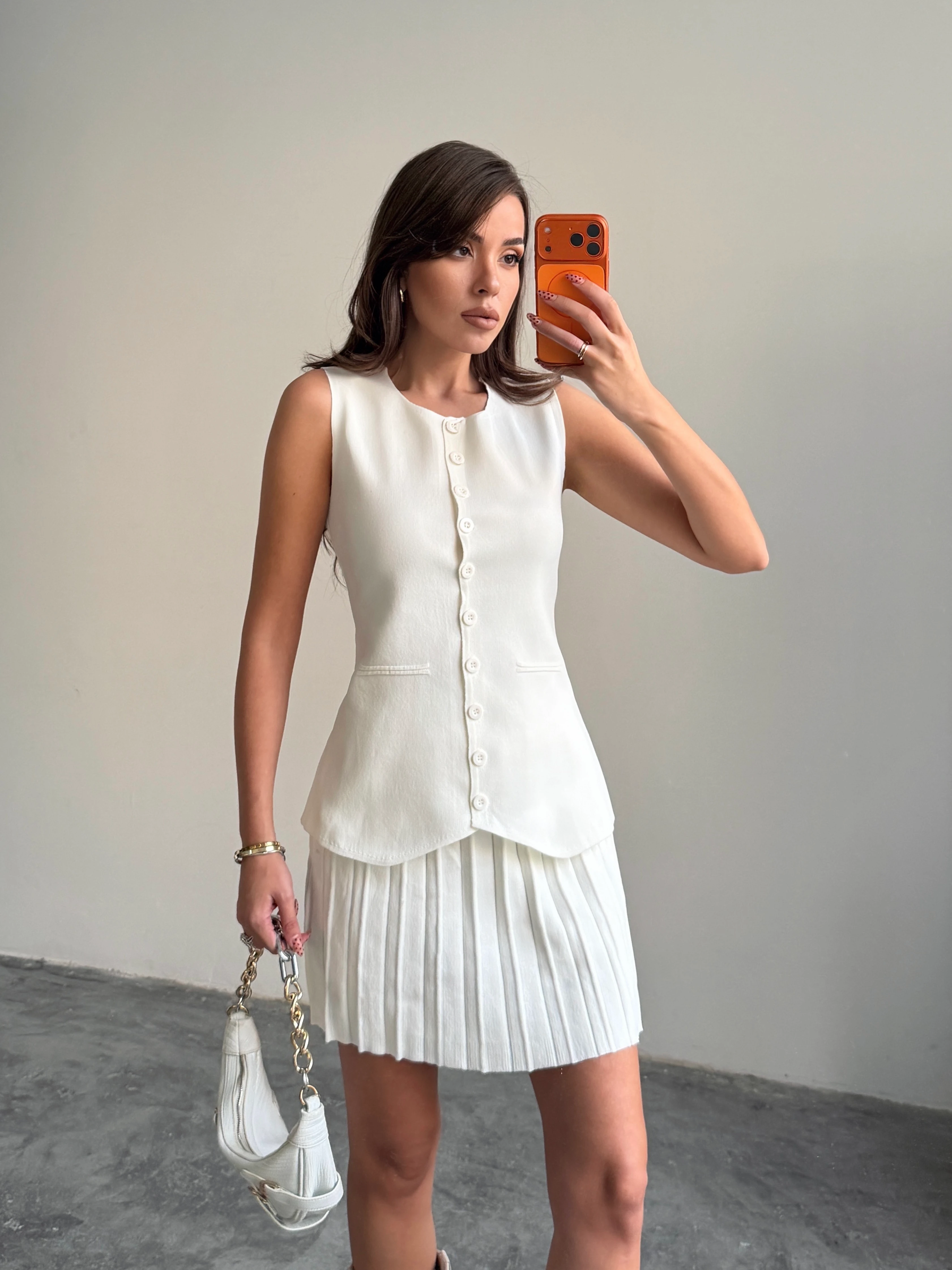 Pileli Etekli Triko Takım  - Ekru