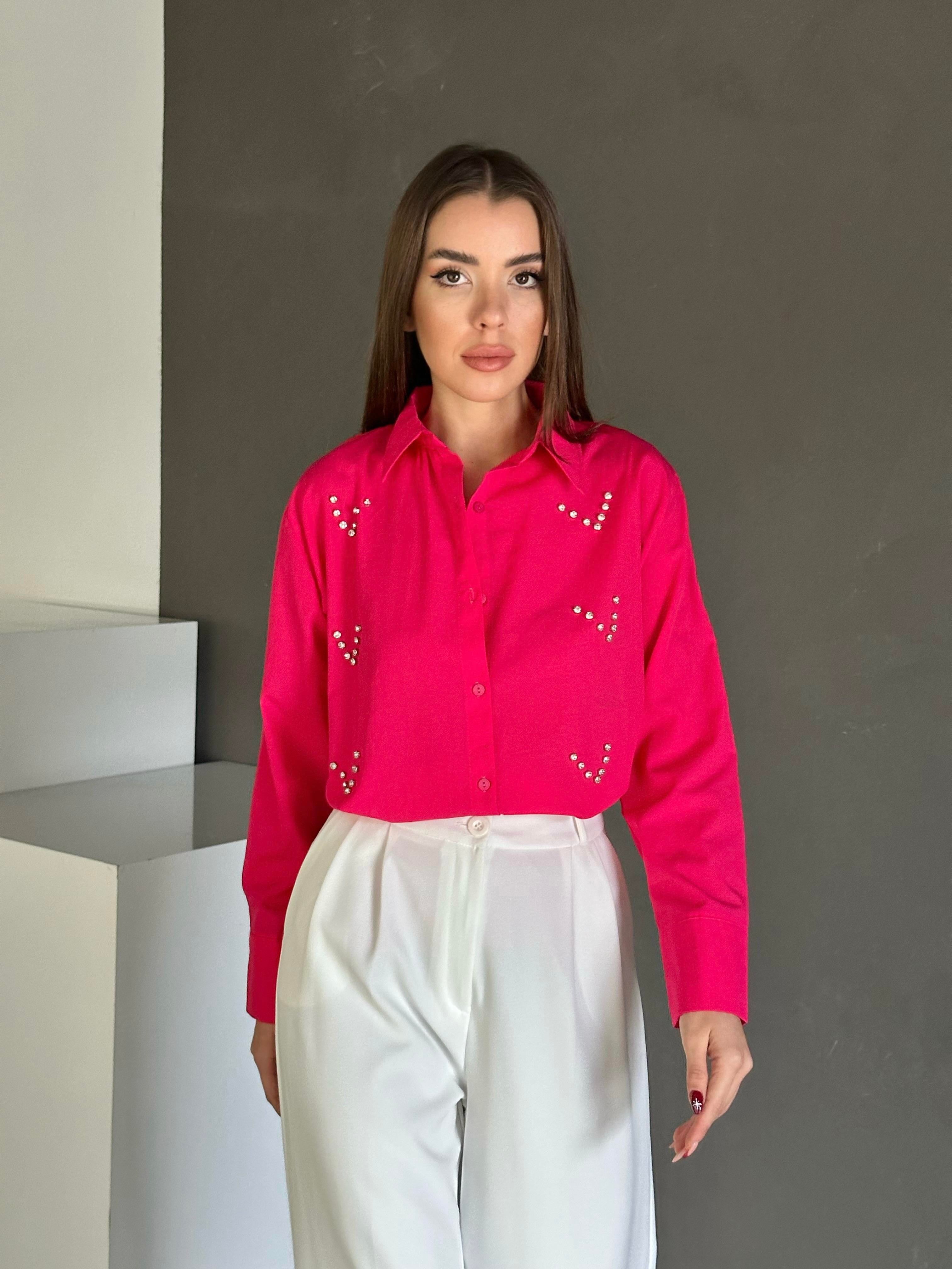 Taşlı Shimmer Gomlek Fuşya
