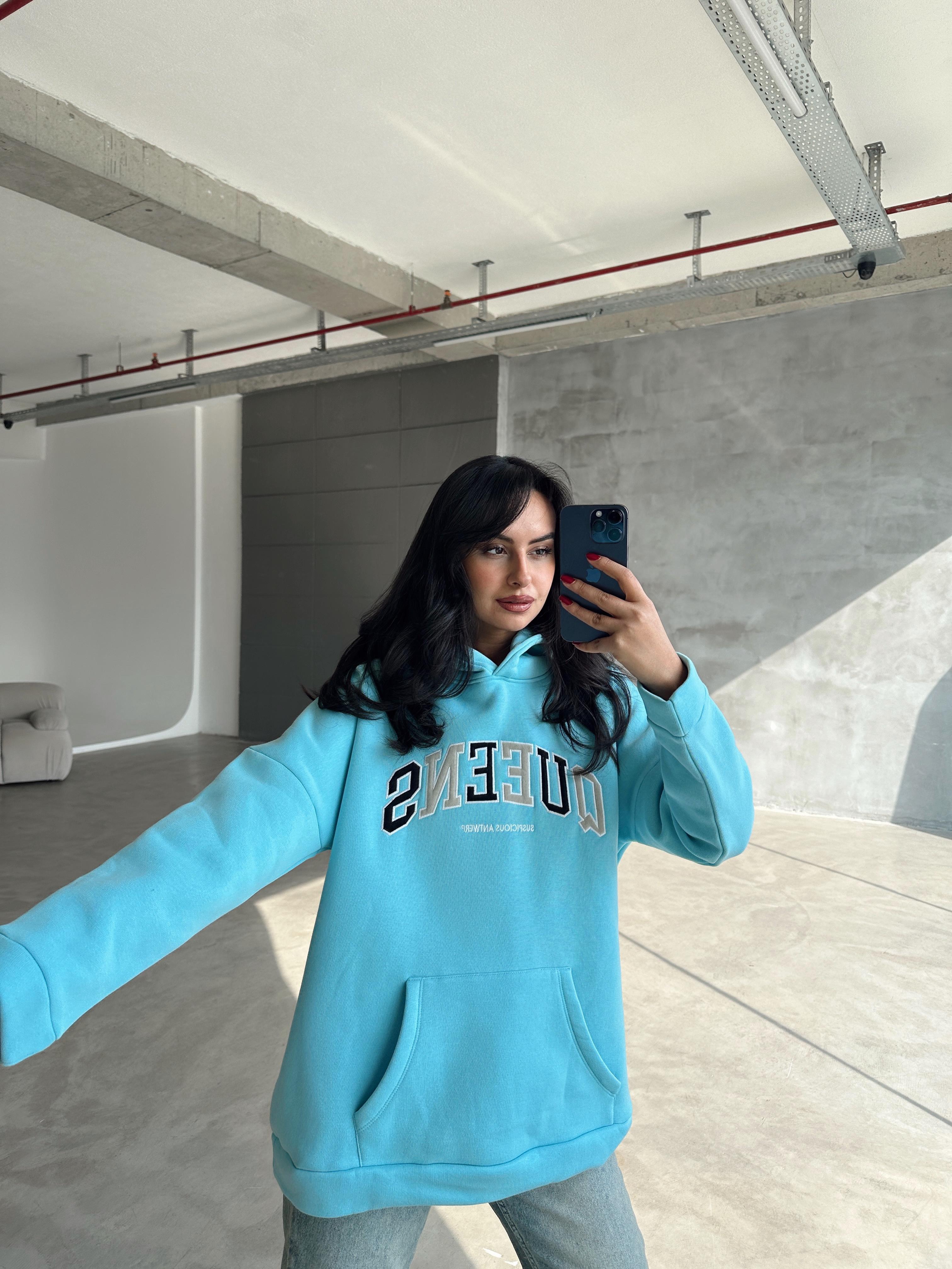 Queens Üç İplik Kapüşonlu Oversize Sweat Mavi