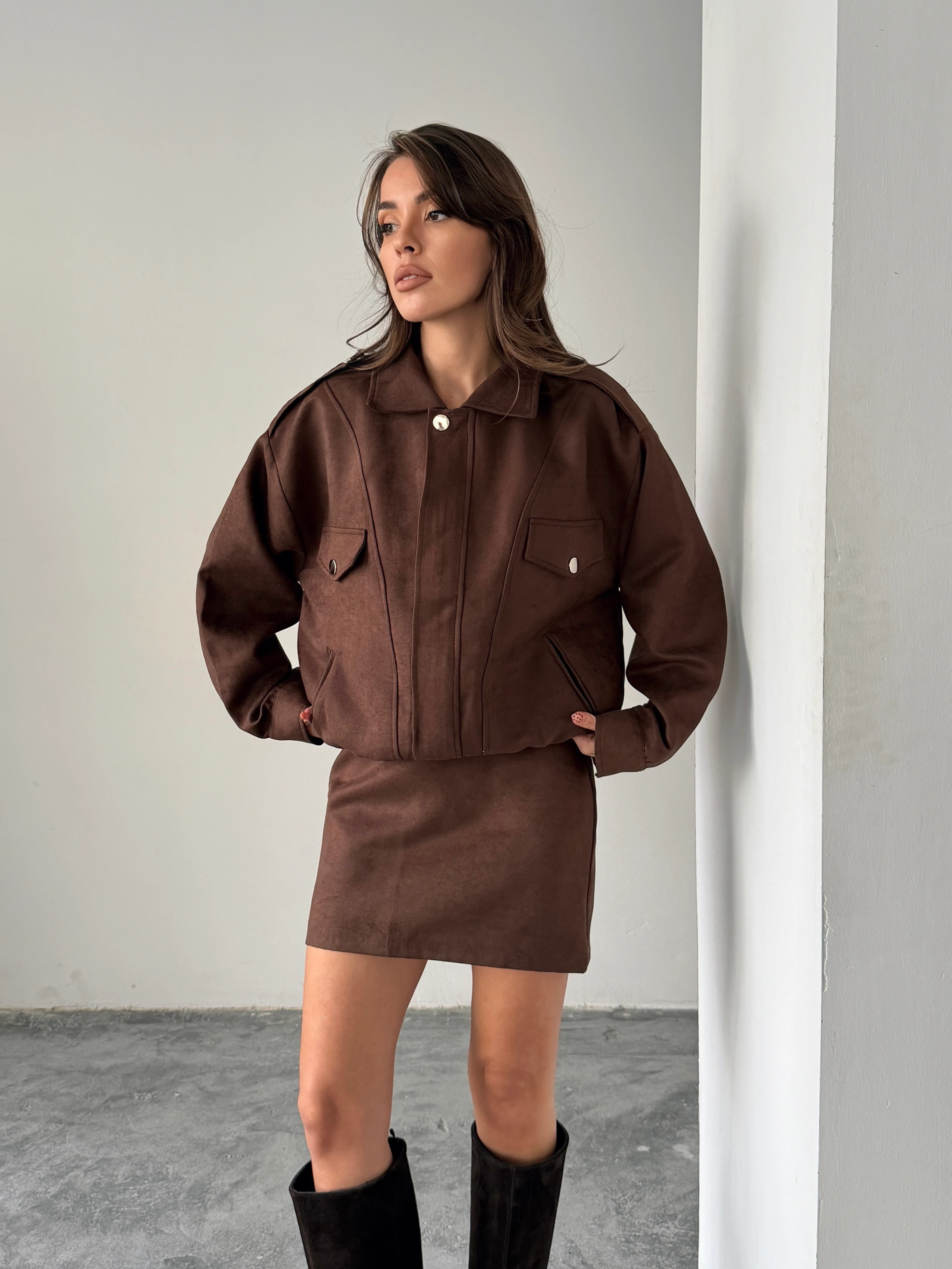 Süet Etek Ceket Takım  - Kahve