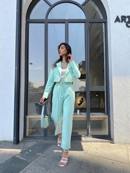 Çift Düğme Crop Blazer Ceket Su Yeşili