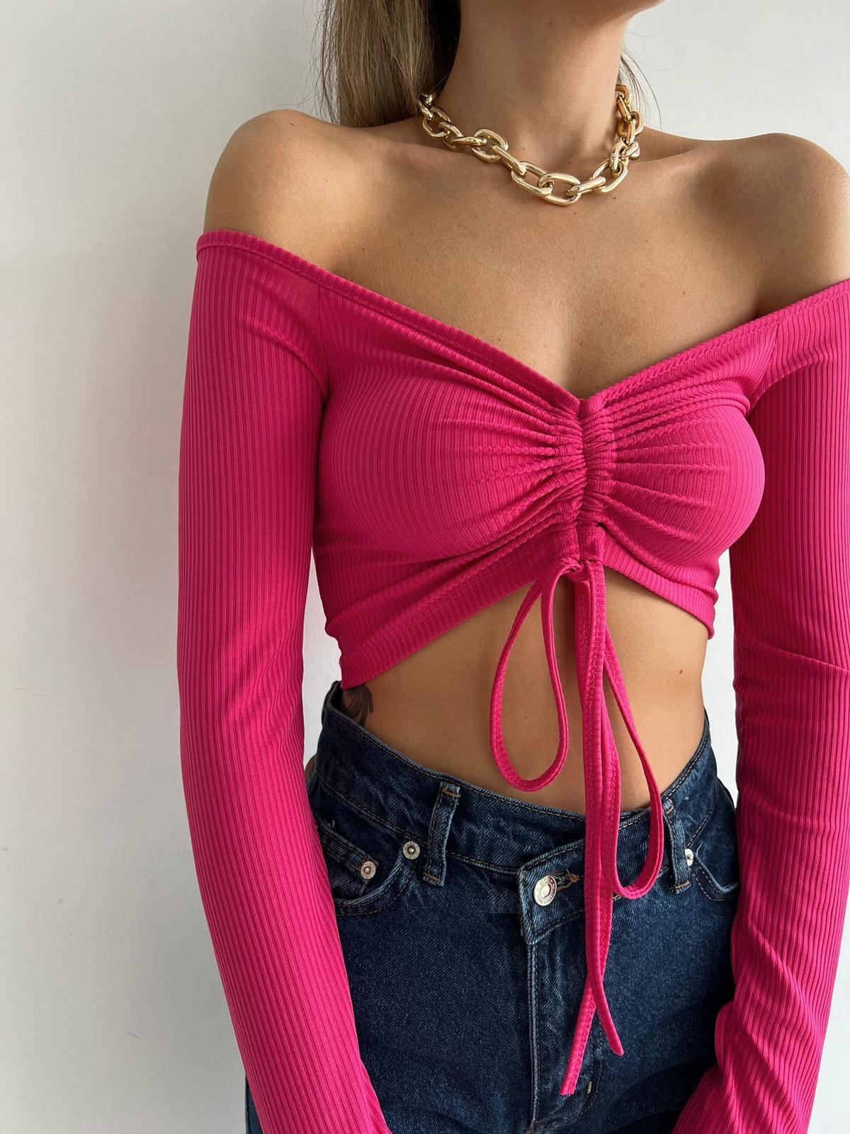 Ön Büzgü Fitilli Madonna Bluz Pembe
