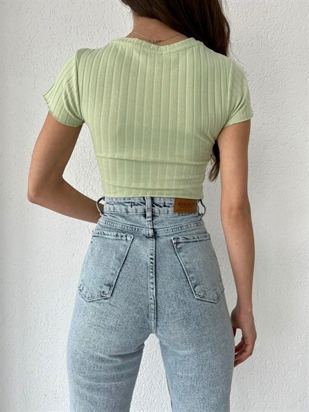 Bisiklet Yaka Fitilli Crop Mint