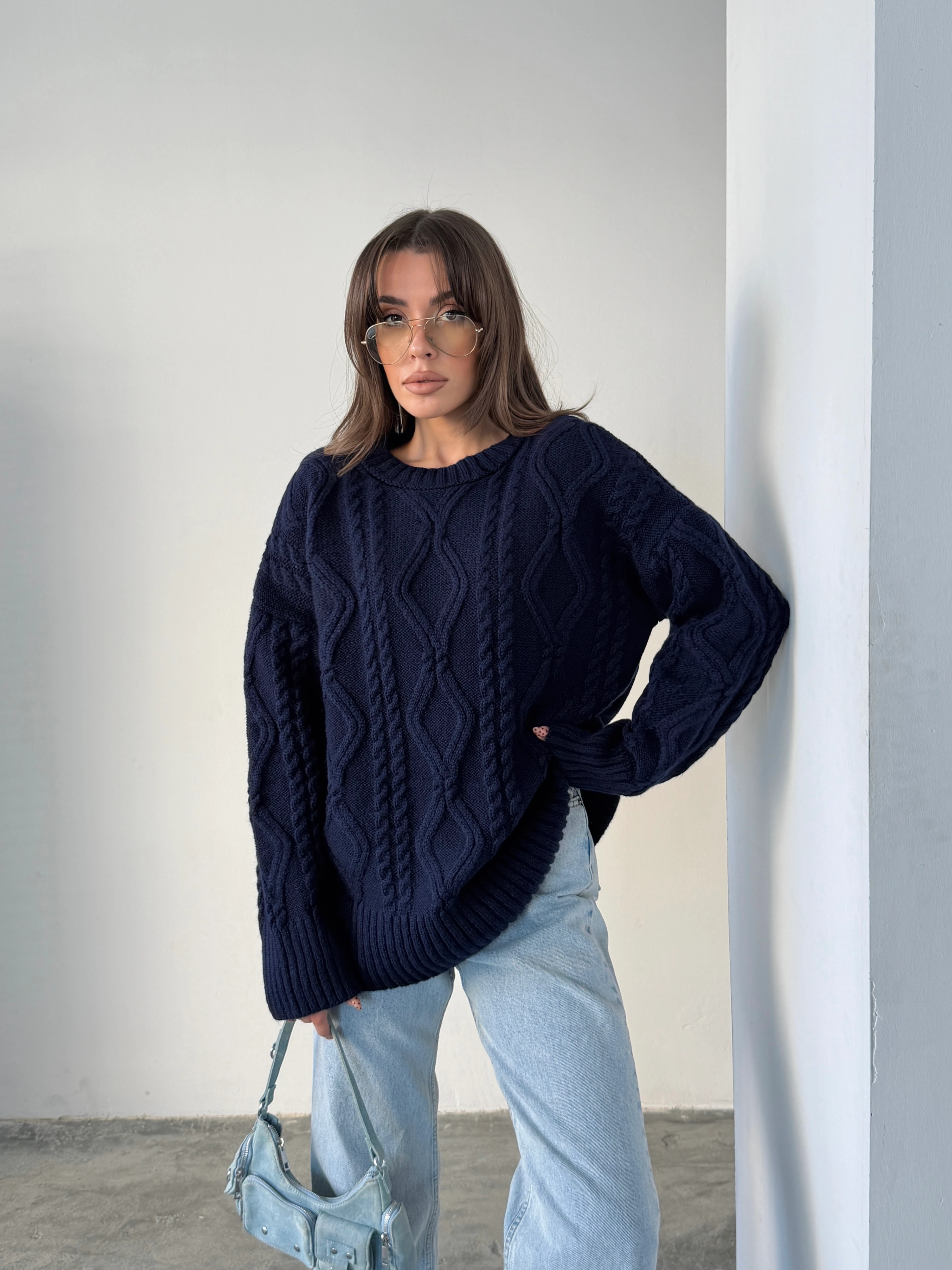 Saç Örgü Desenli Yıkamalı Triko - Lacivert