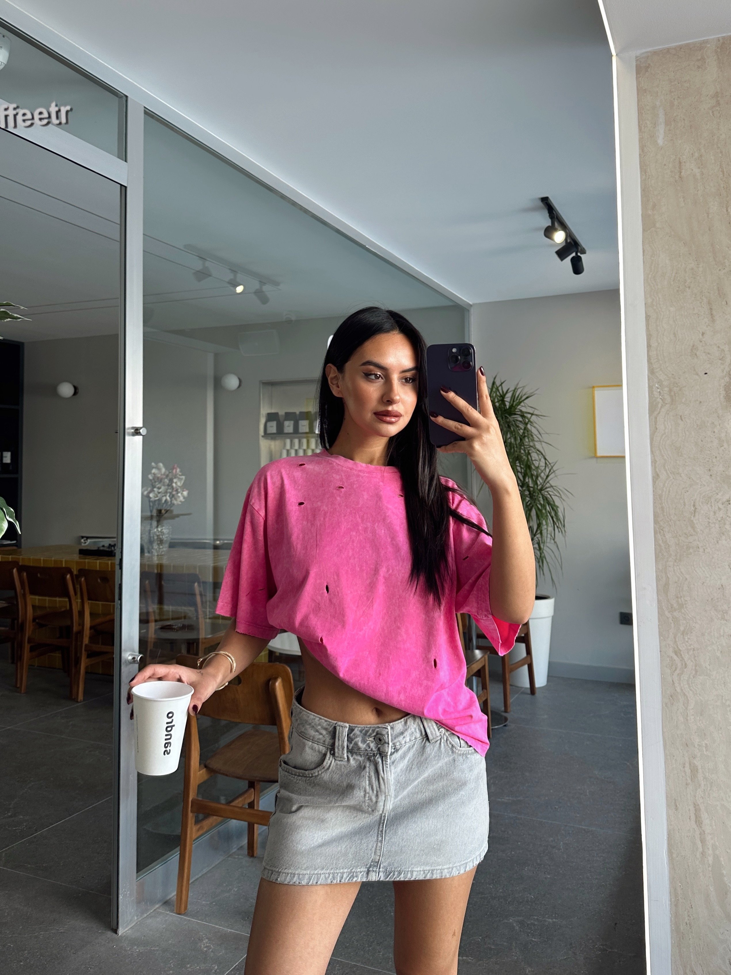 Delikli Yıkama T-shirt - Pembe