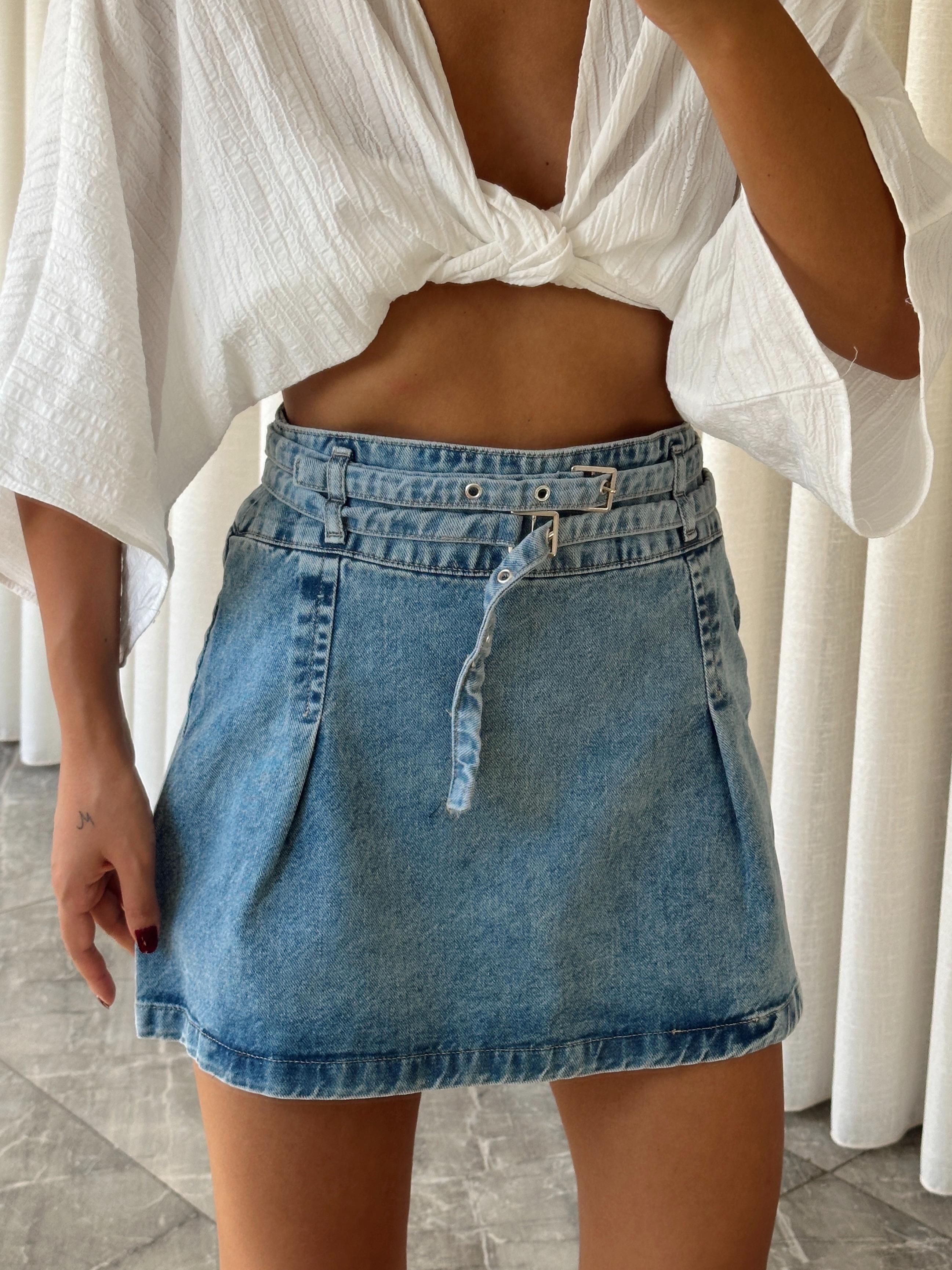 Pileli Denim Etek Mavi