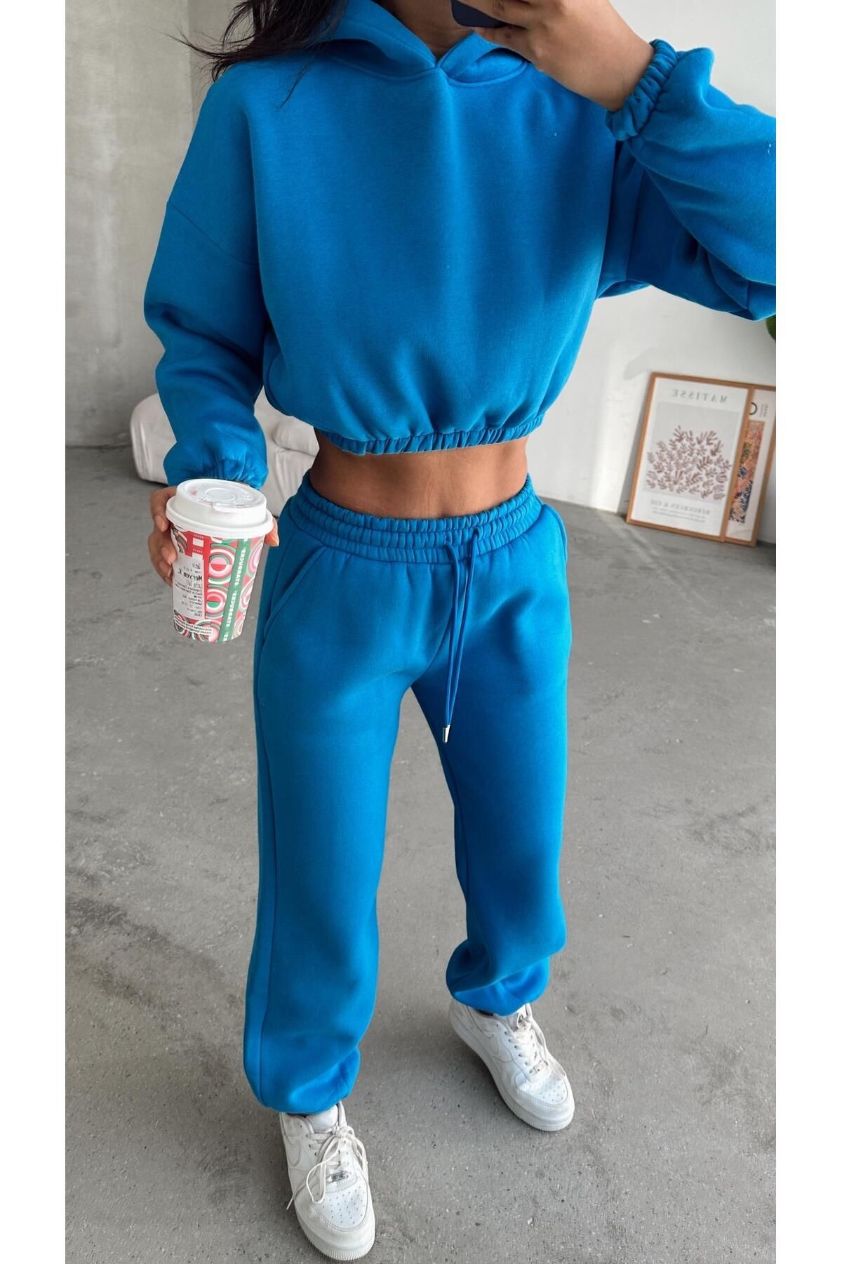 Kapüşonlu Crop Sweat Jogger Eşofman Takım Saks Mavi