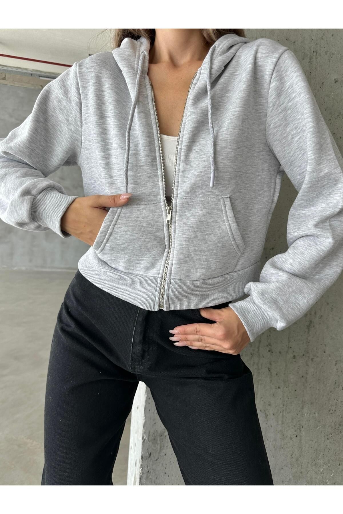 Hone Fermuarlı Kapüşonlu Crop Sweat Hırka Gri