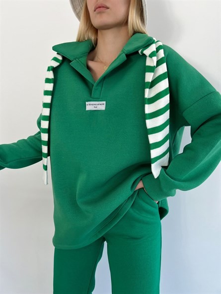 Polo Yaka Etiket Detay Sweatshirt Yeşil