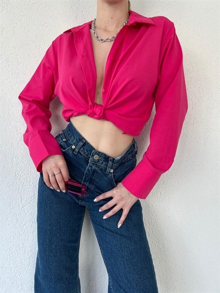 Kol Çift Düğme Oversize Poplin Gömlek Fuşya