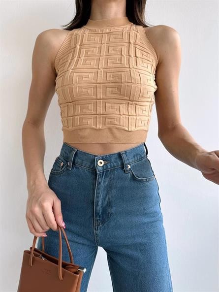 Labirent Desen Halter Triko Crop Vizon