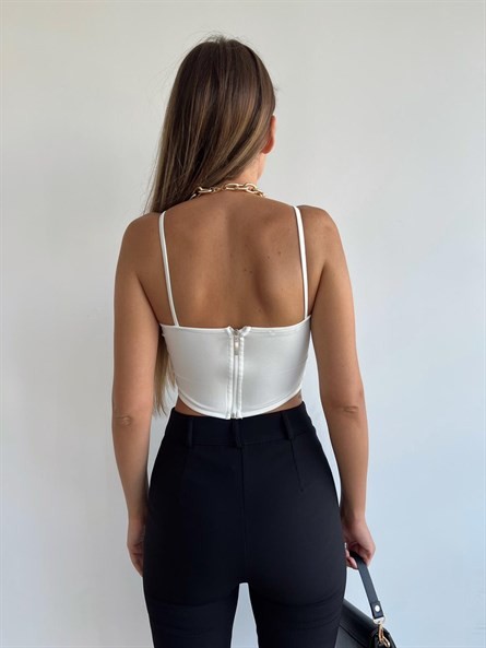 Sırt Fermuar Korse Askılı Crop Beyaz