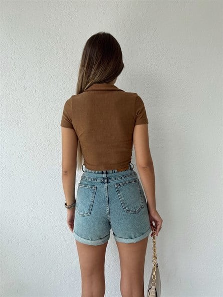 Fermuarlı Kadife Croptop Taba