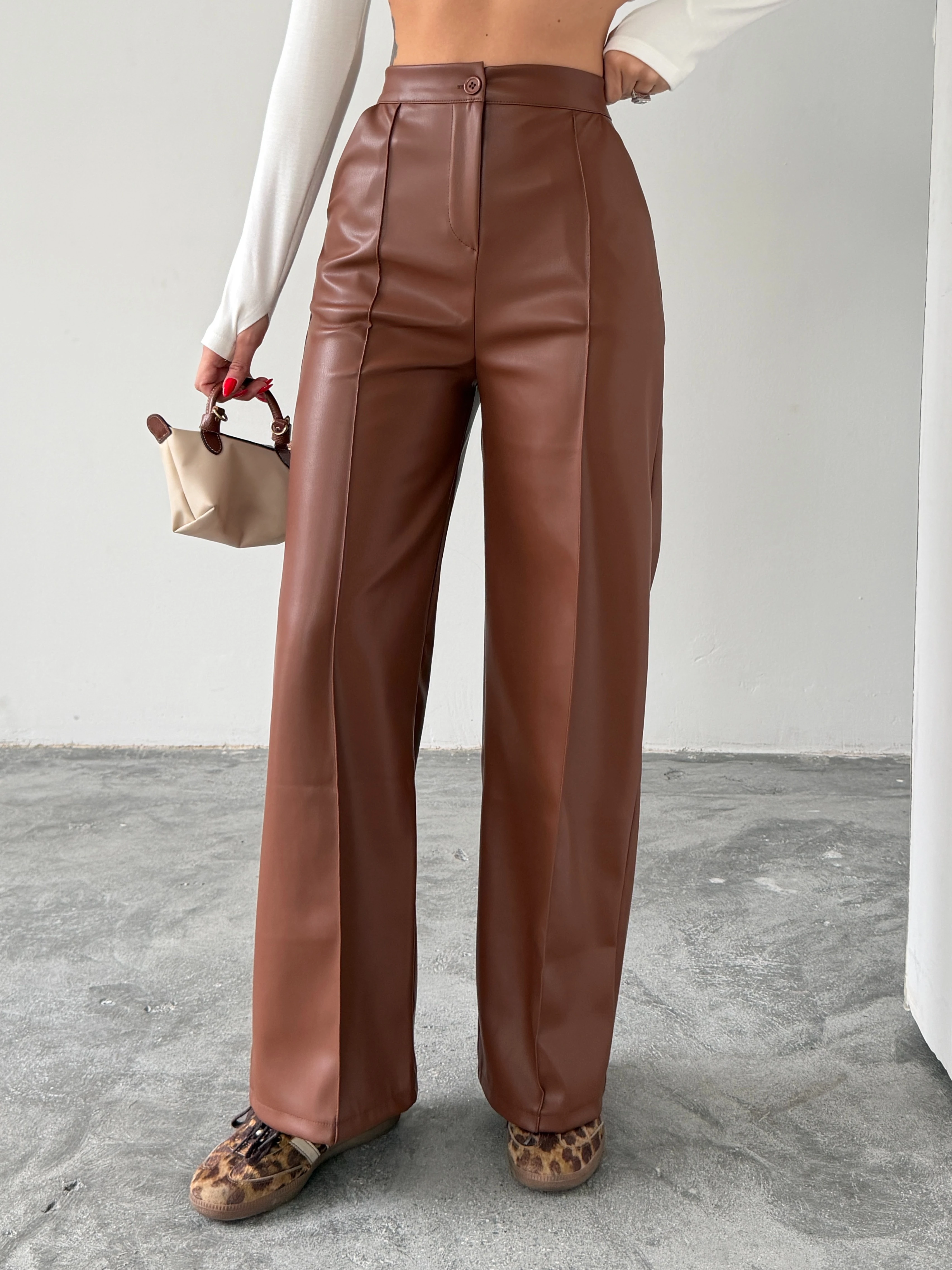 Çımalı Deri Palazzo Pantolon  - Taba