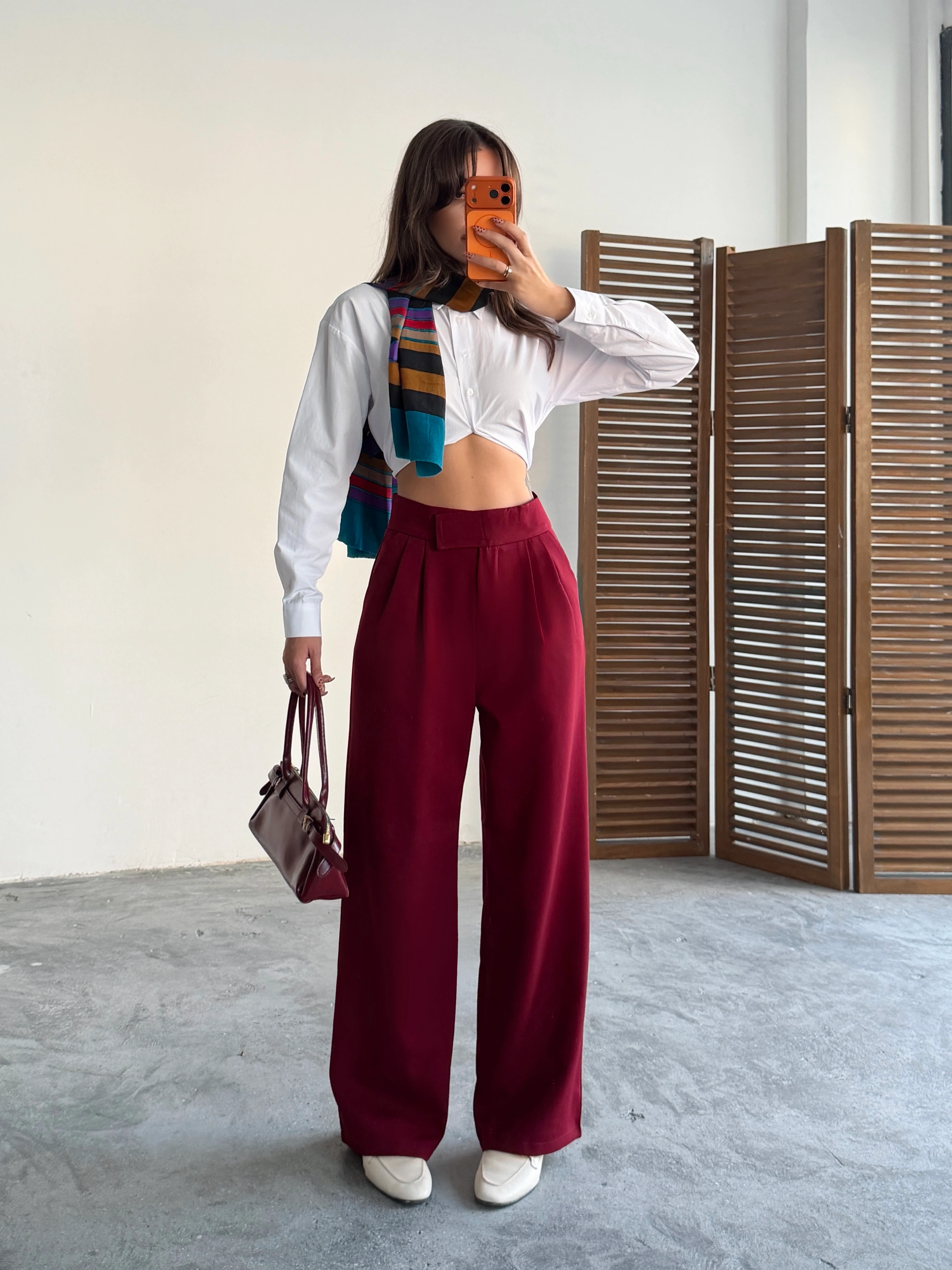 Bel Cırtlı Palazzo Pantolon  - Bordo