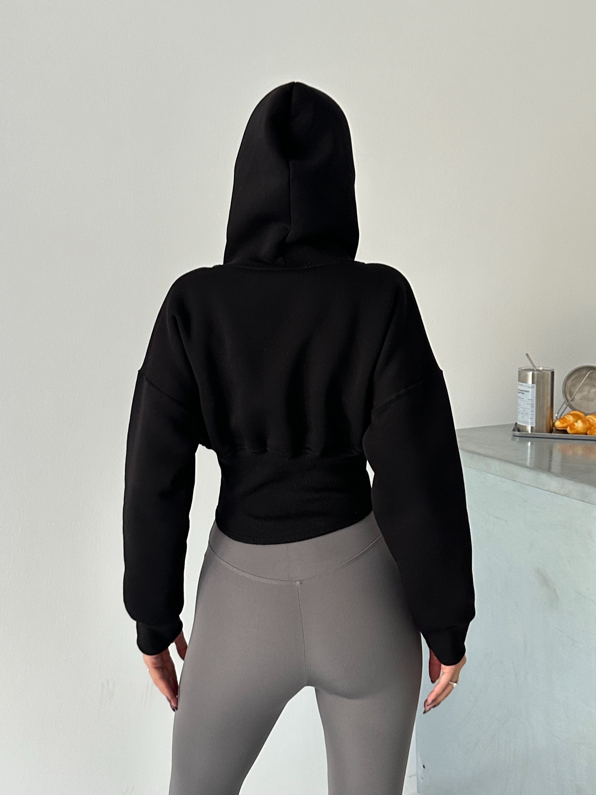 Korse Manşet Fermuarlı Sweat Hırka - Siyah