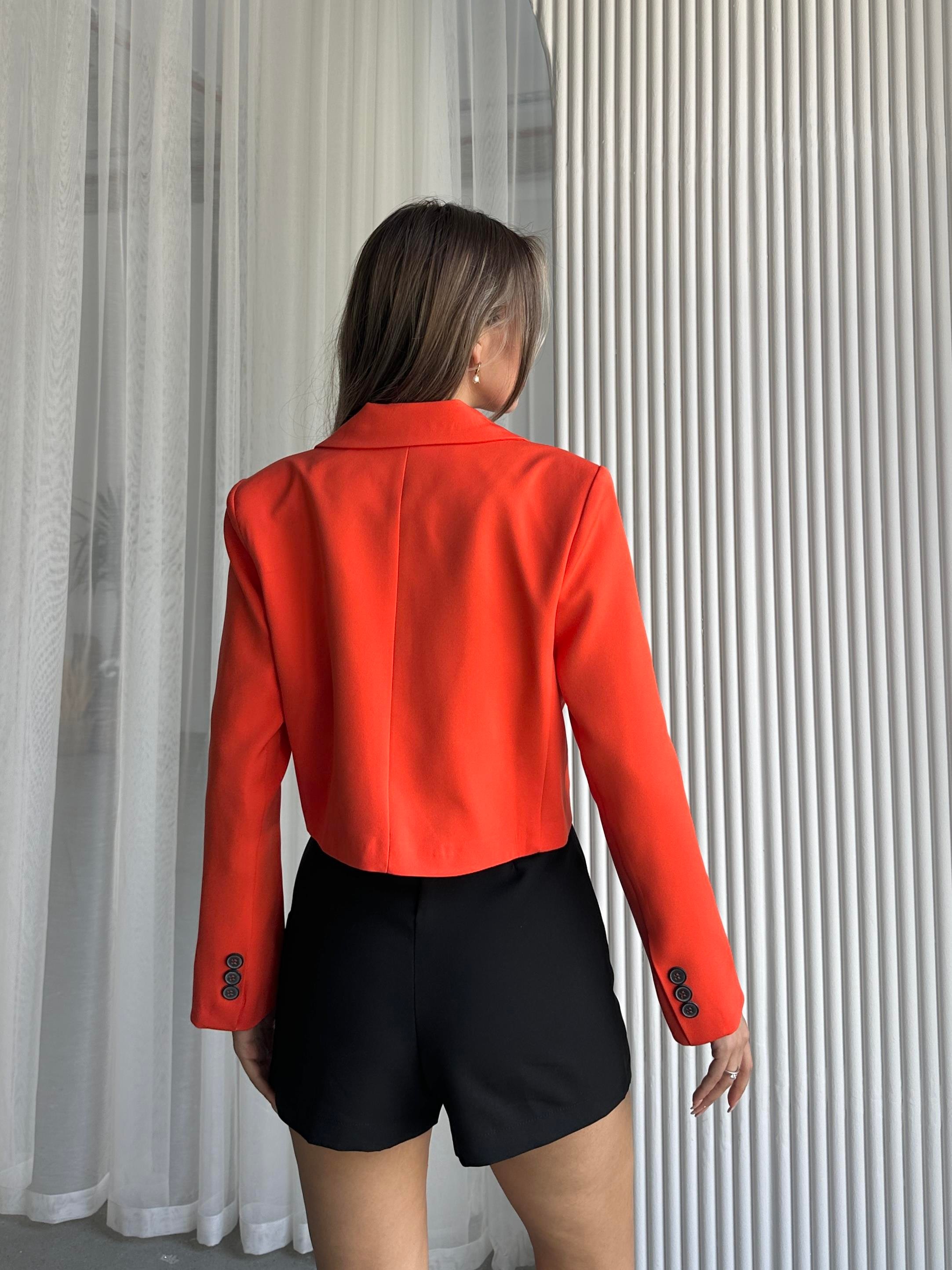 Düğmeli Kruvaze Crop Blazer Ceket Turuncu