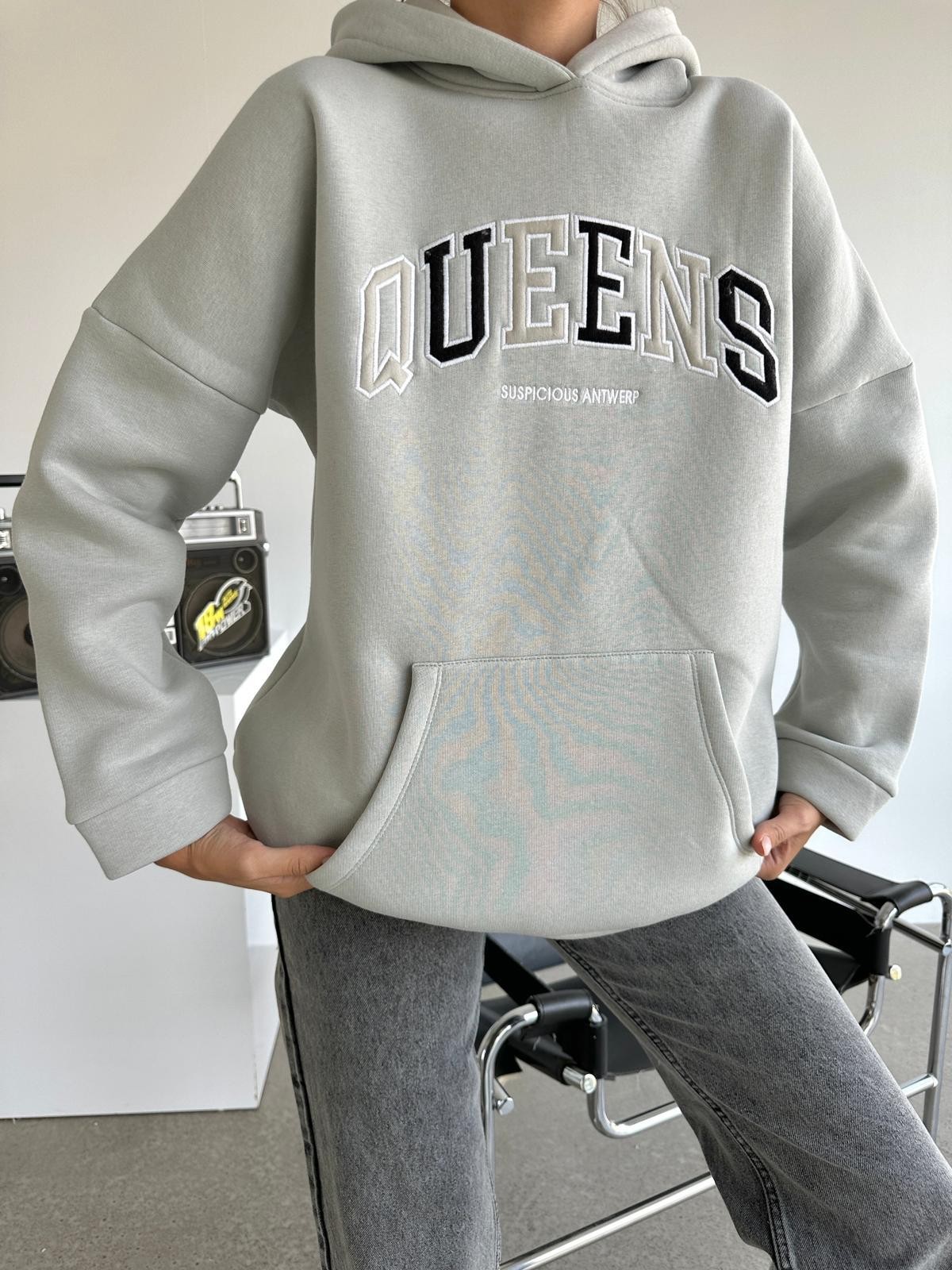 Queens Üç İplik Kapüşonlu Oversize Sweat Gri