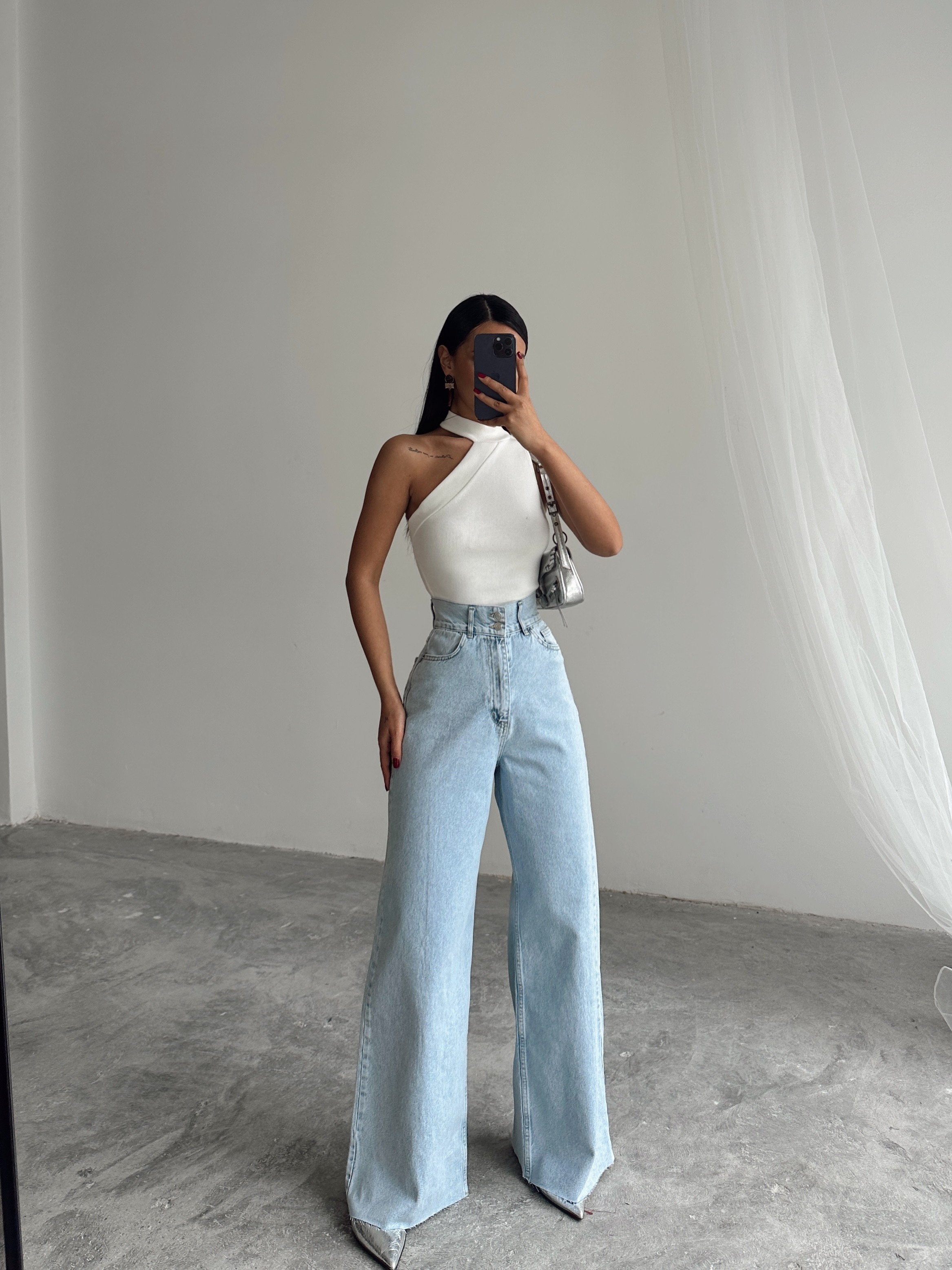 Geniş Kemerli Baggy Jean  - Buz Mavi