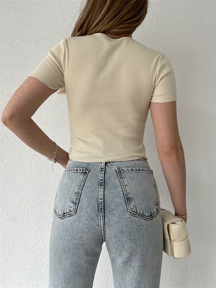 Boyun Dekolte Fitilli Basic Krem