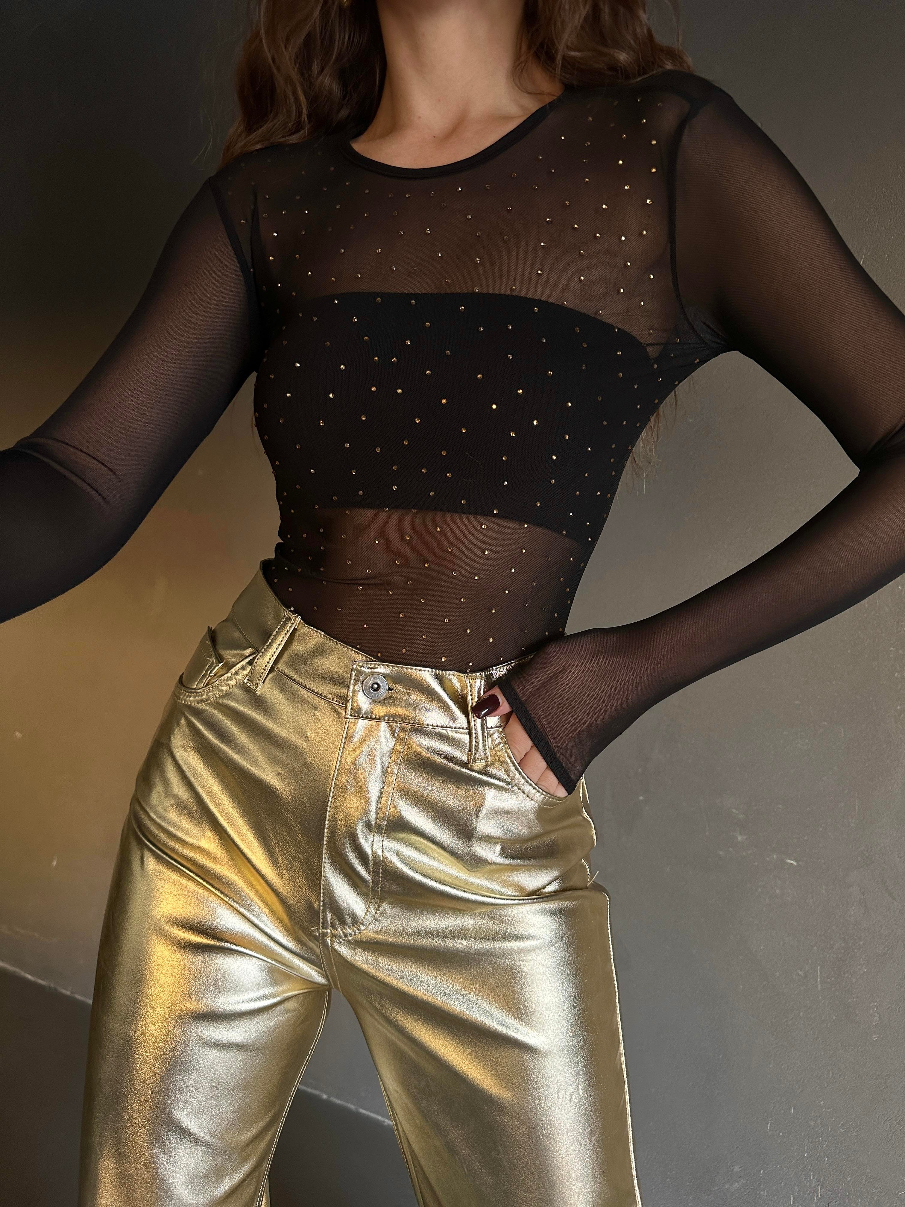 Diamond Transparan Tül Bodysuit Gold