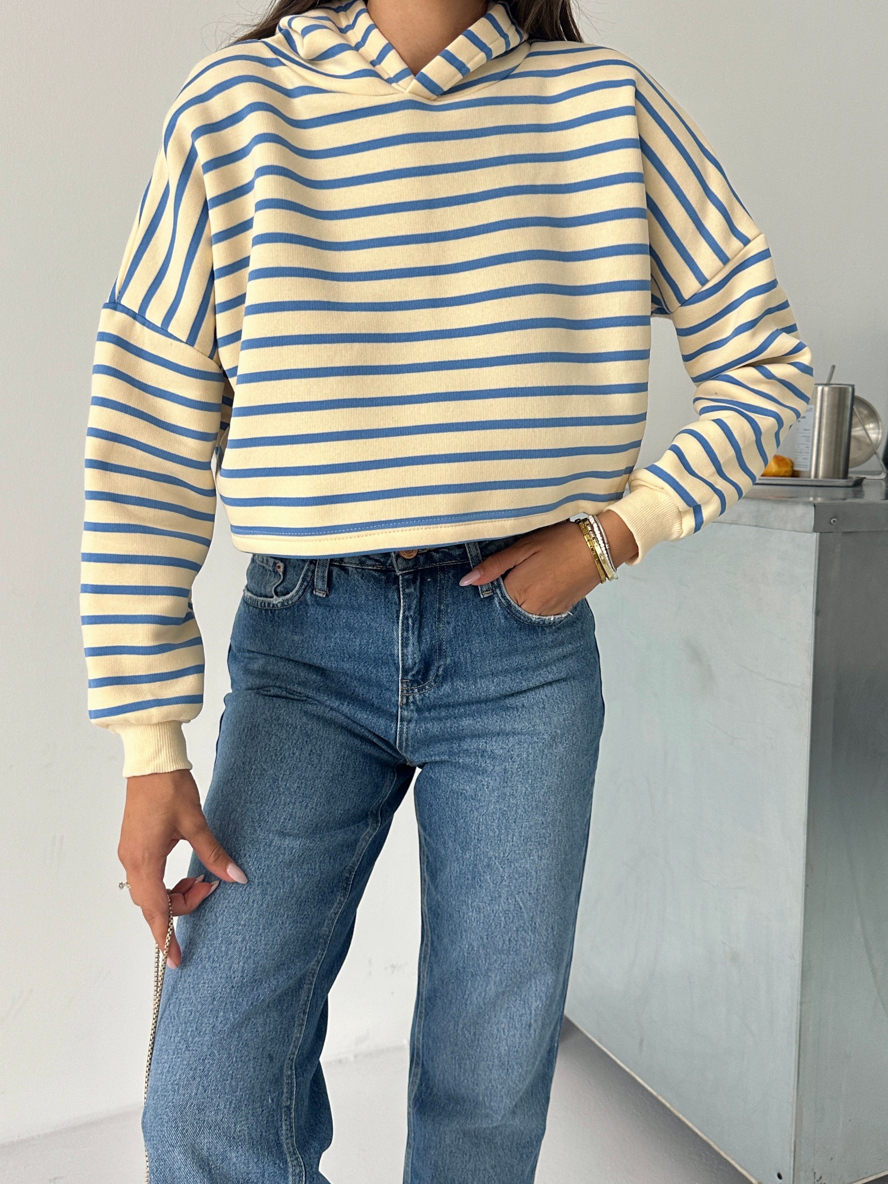 Kapüşonlu Çizgili Crop Sweat - Mavi