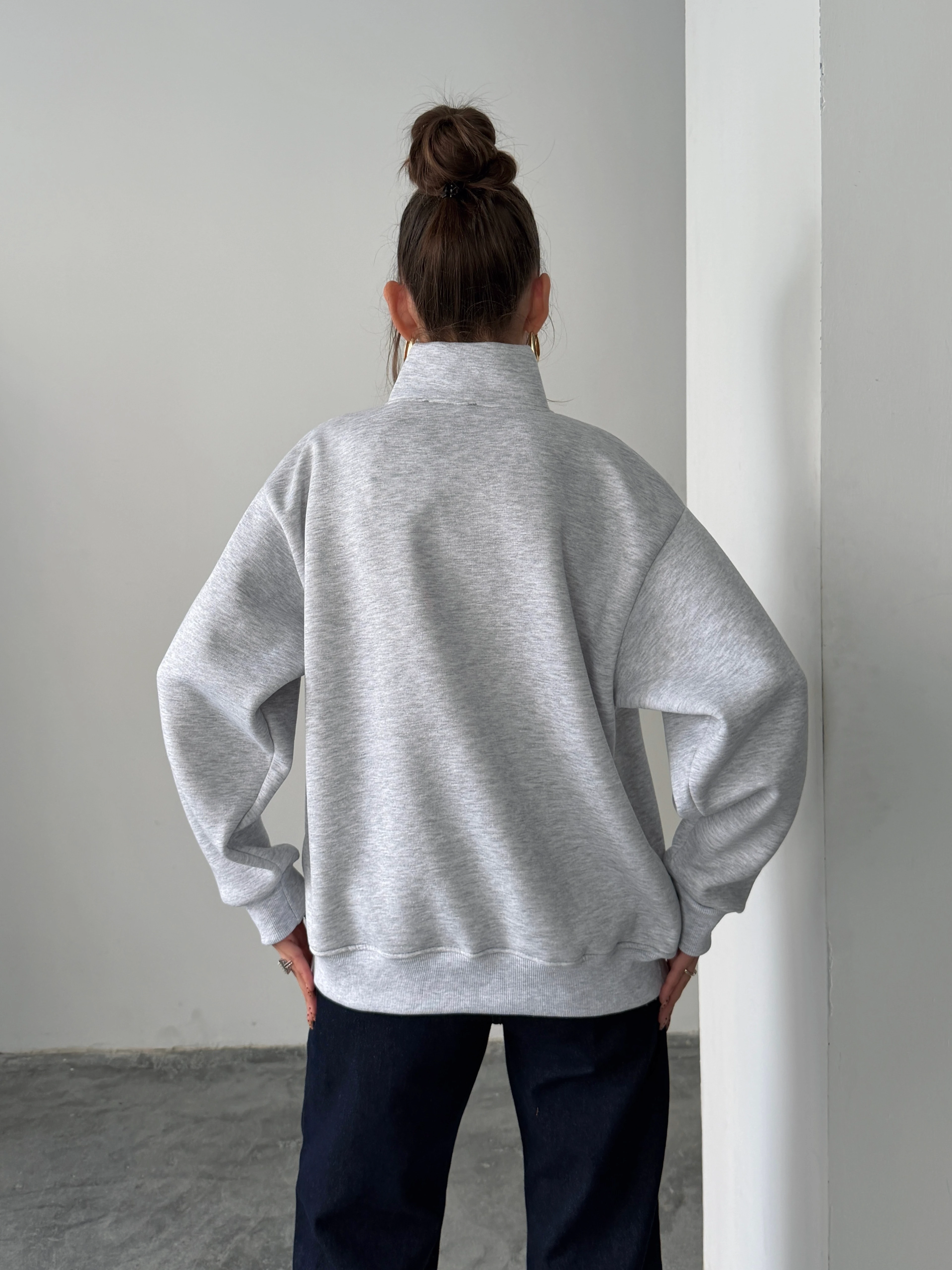 Sporty Yarım Fermuar Sweat - Gri