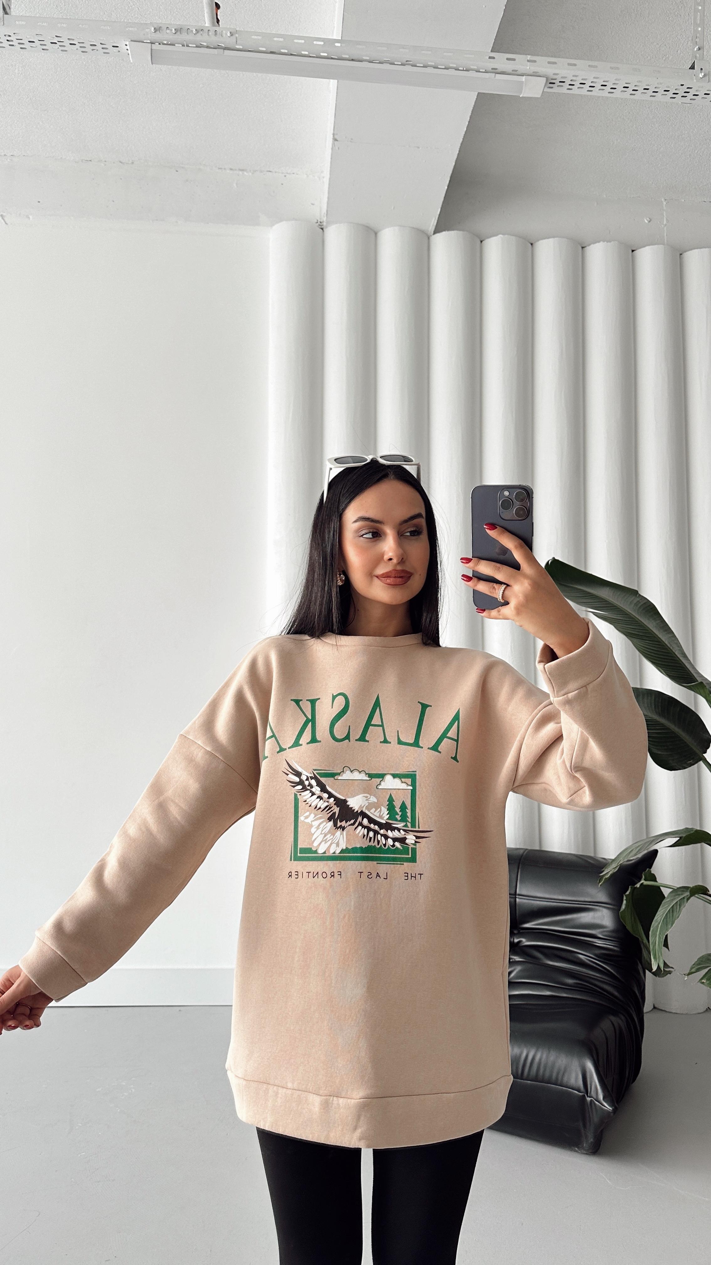 Alaska Üç İplik Şardonlu Oversize Sweat Vizon