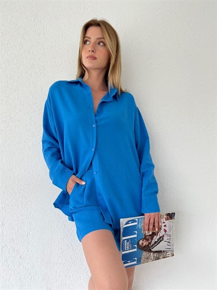 Valeria Oversize Keten Gömlek Mavi