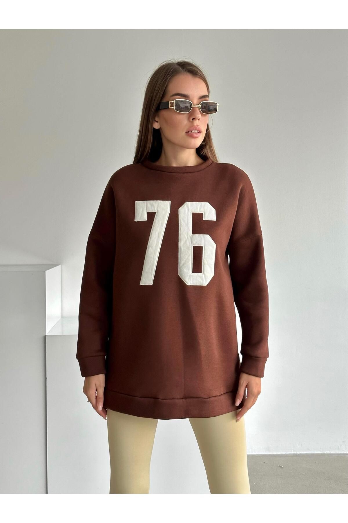 Seventy Six Baskı Sweat Kahverengi