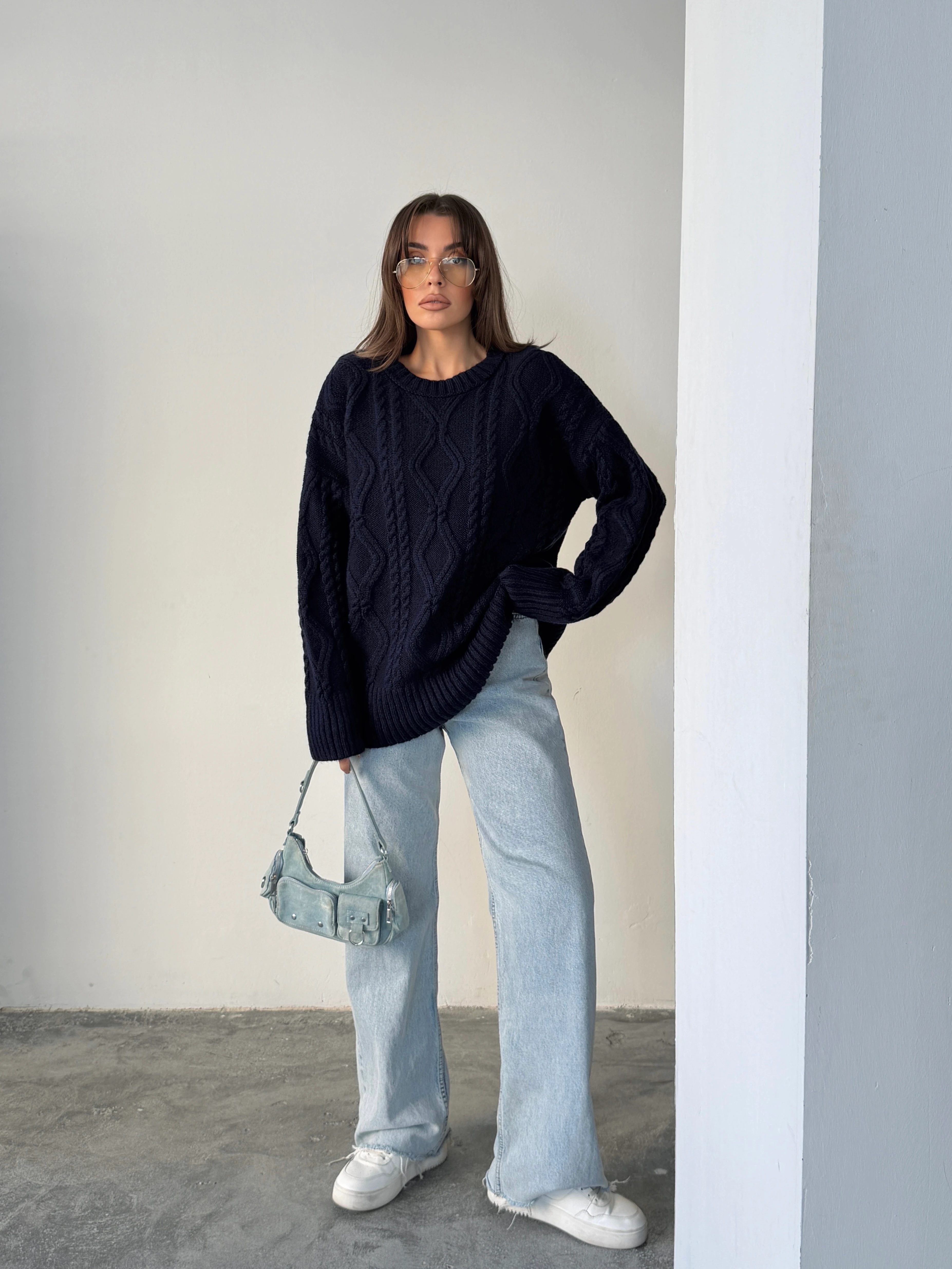 Saç Örgü Desenli Yıkamalı Triko - Lacivert