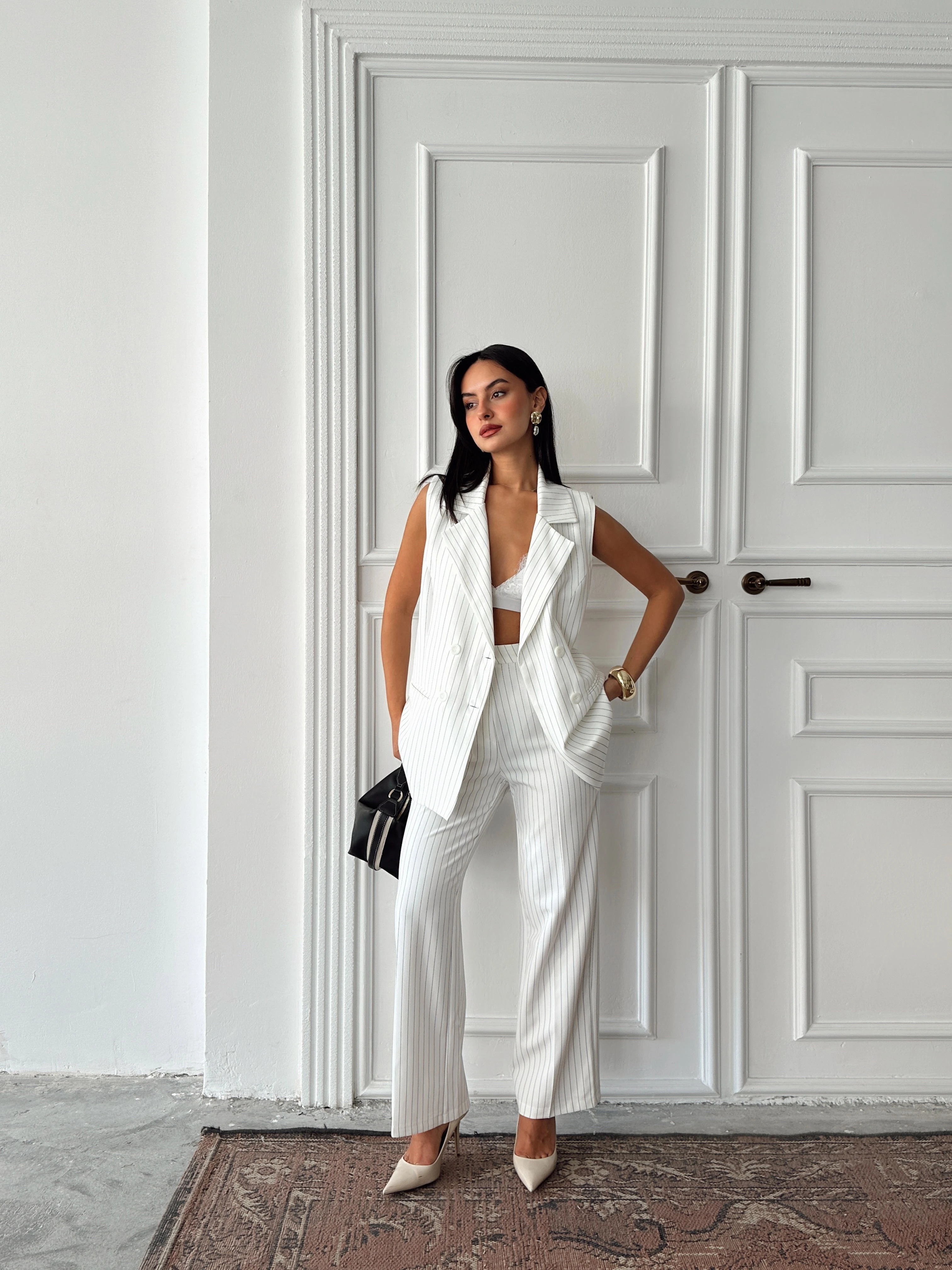 Ceket Yaka Line Yelek - Ekru