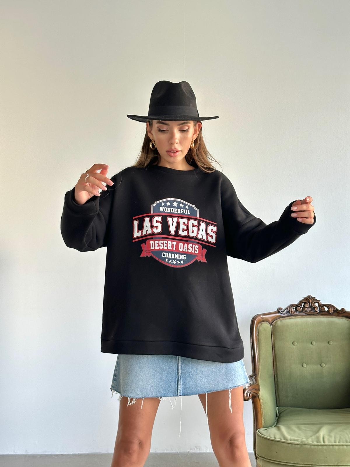 Las Vegas Üç İplik Oversize Sweat Siyah