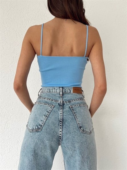 Kare Yaka İnce Askı Triko Bluz Mavi
