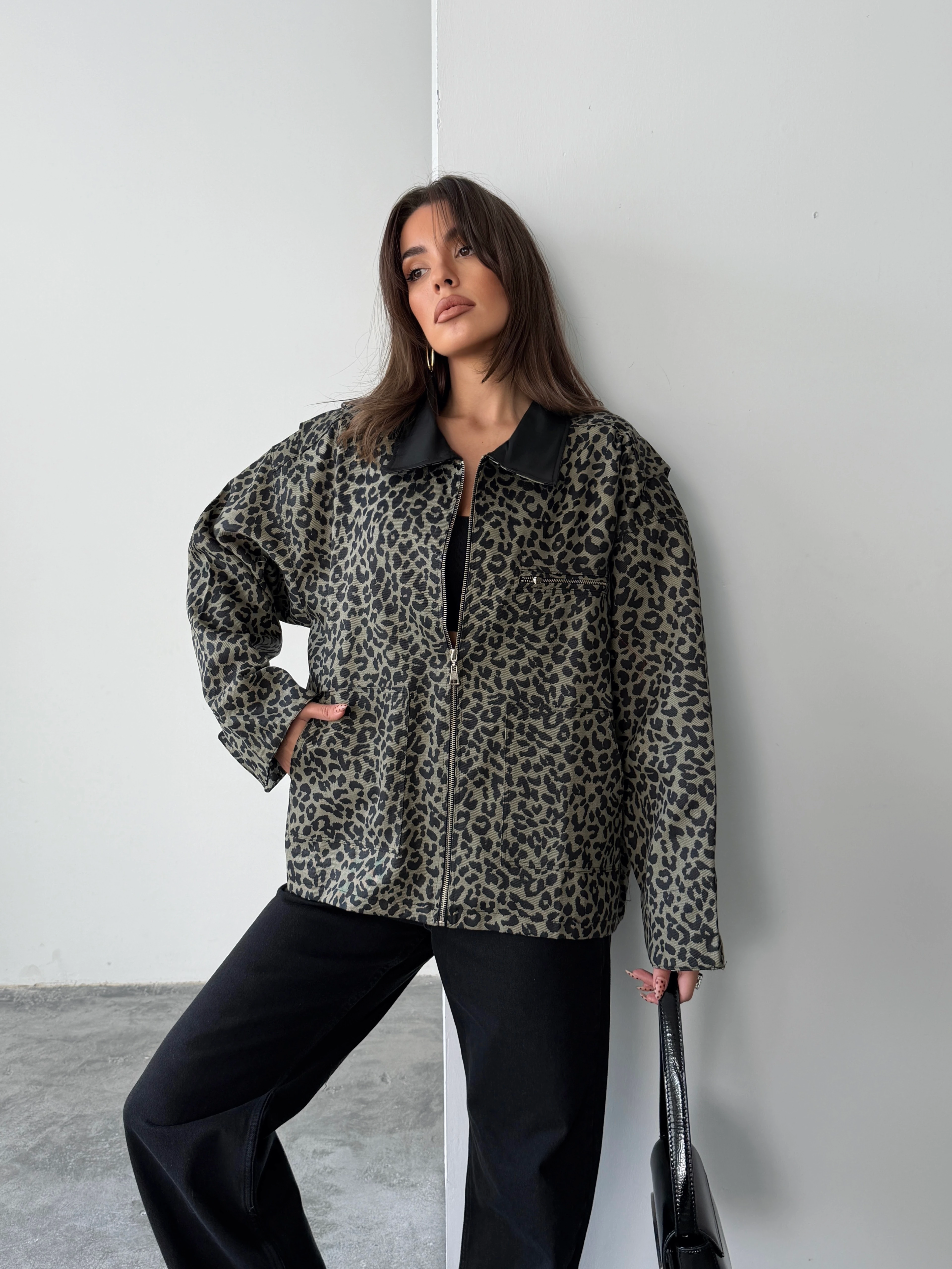 Oversize Leopar Ceket - Haki