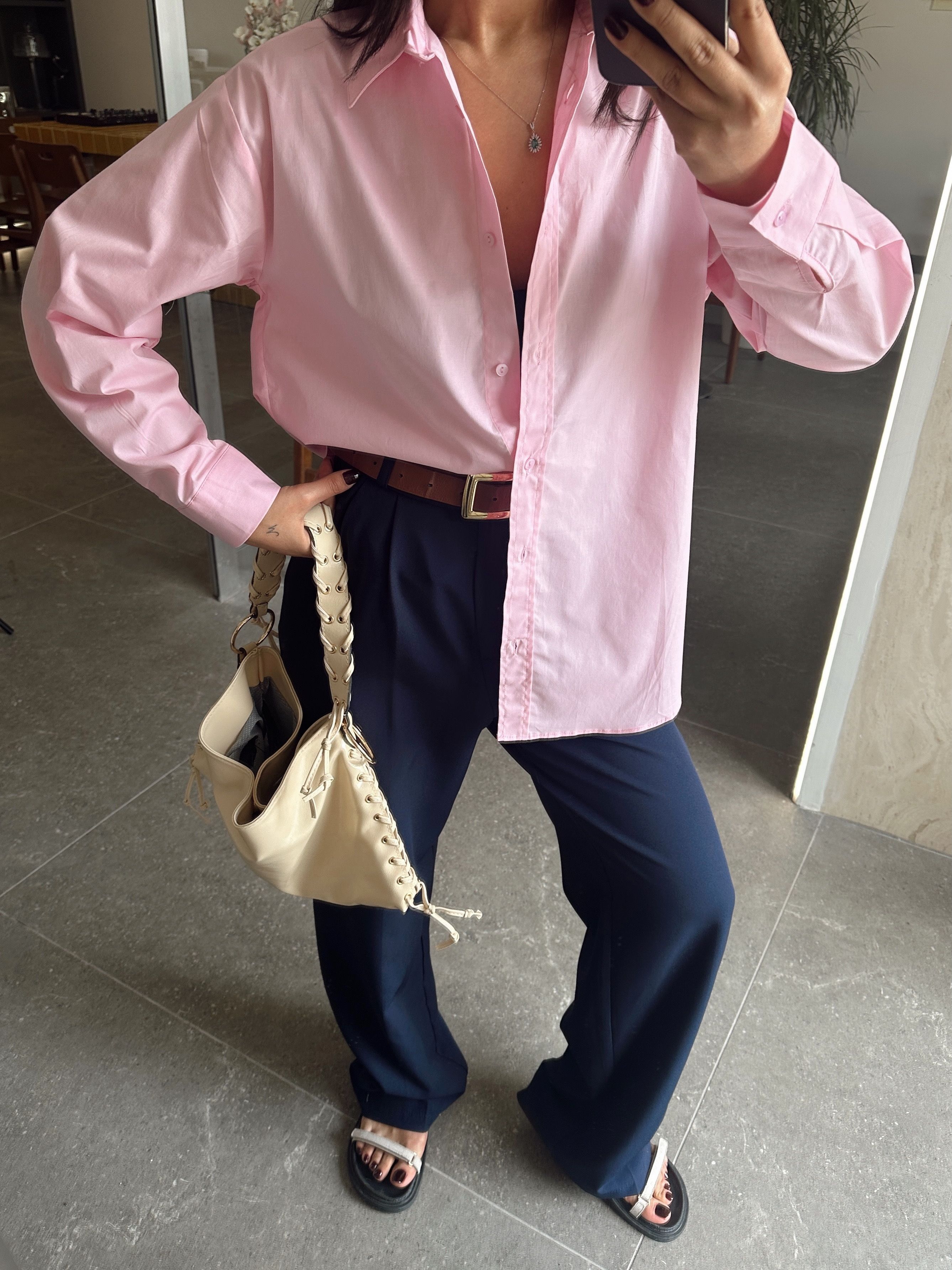 Düz Oversize Gömlek - Pembe