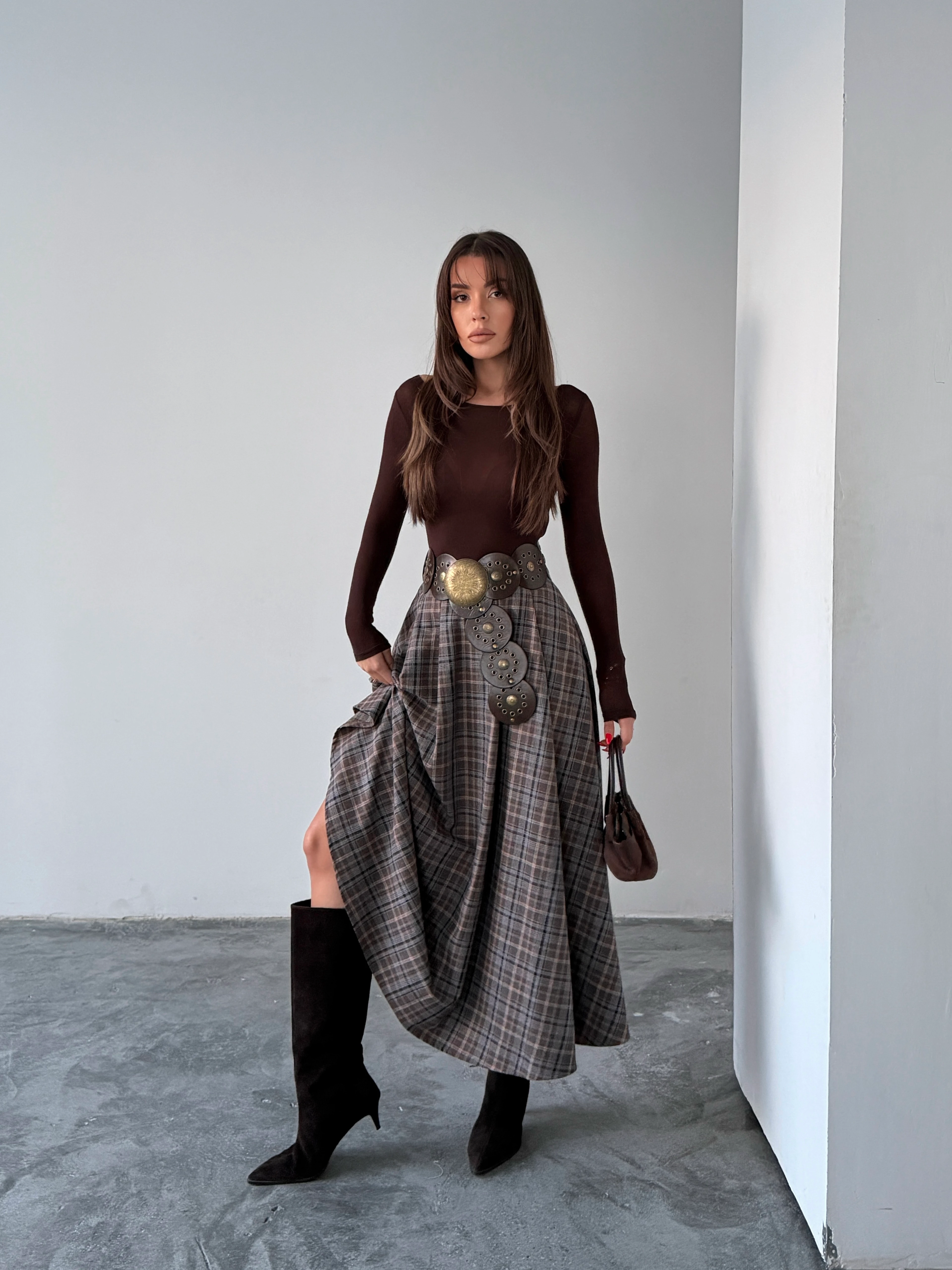 Pile Detaylı Ekose Kloş Etek - Kahve