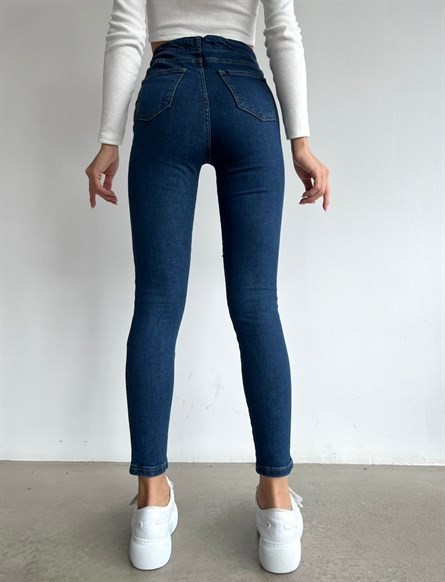 Asimetrik Düğme Detay Likralı Skinny Jean Lacivert