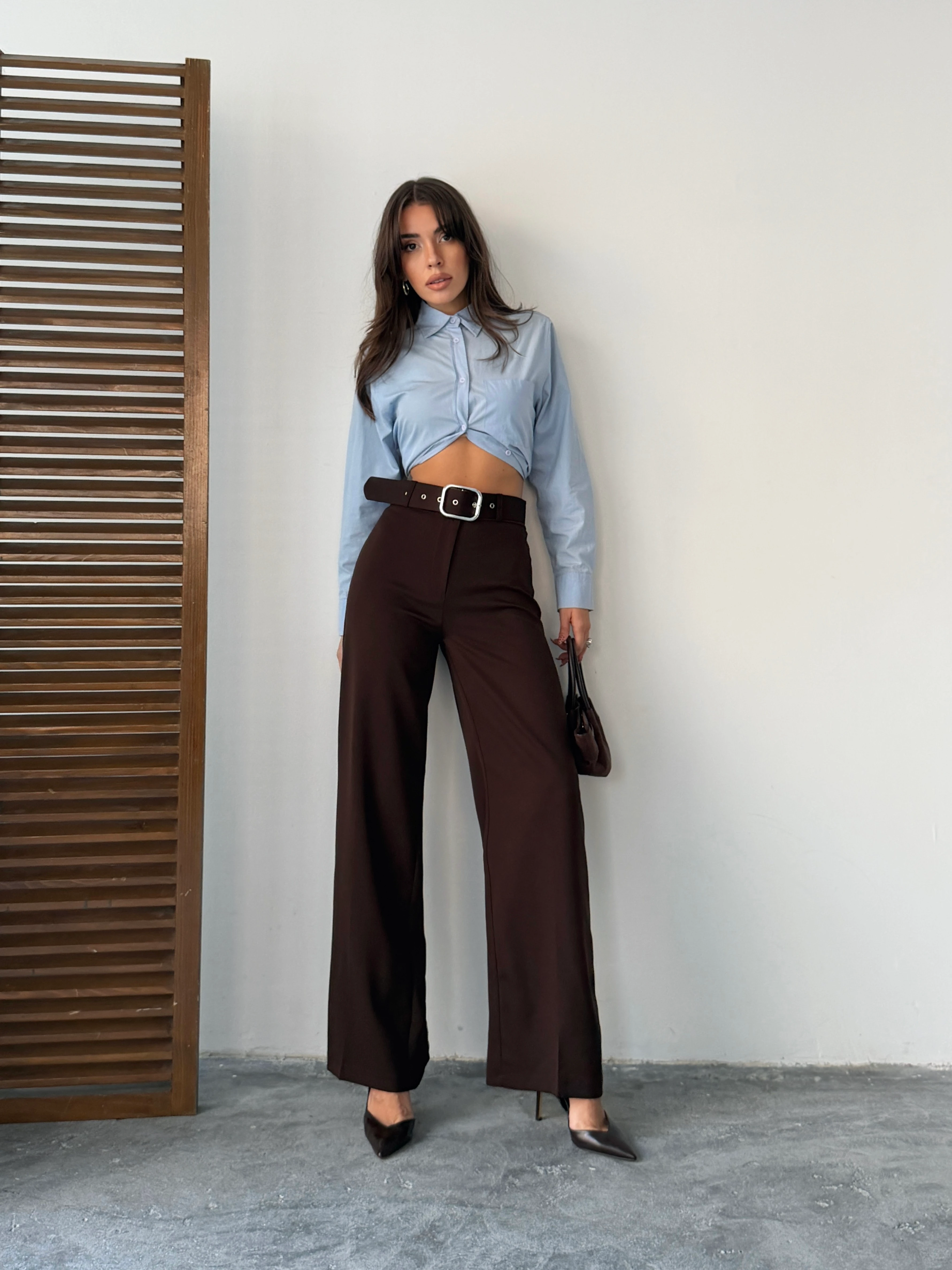 Kemerli Palazzo Pantolon  - Kahve