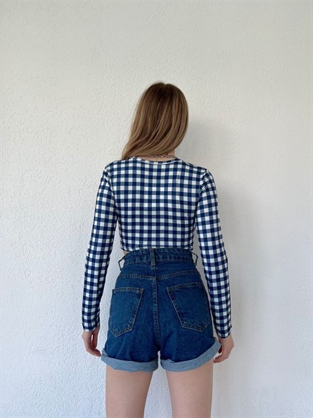 Pitikare Düğmeli Crop Bluz Mavi