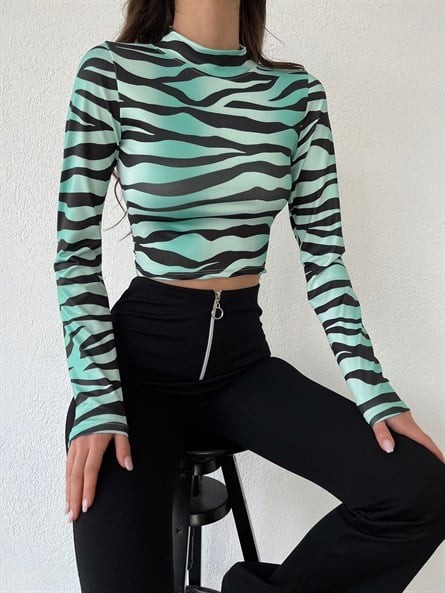 Dik Yaka Wave Scuba Crop Yeşil-Siyah
