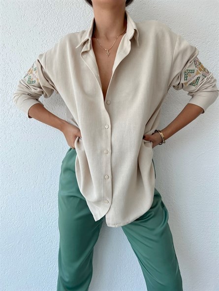 Kol Nakış İşleme Oversize Keten Gömlek Ekru