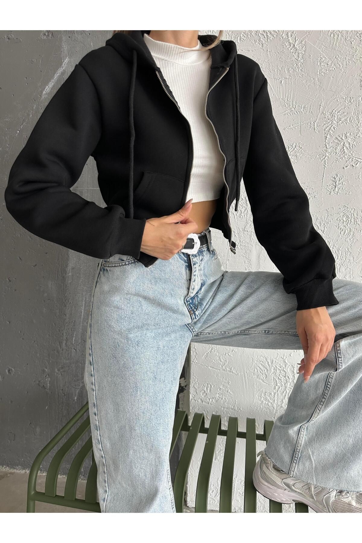 Hone Fermuarlı Kapüşonlu Crop Sweat Hırka Siyah